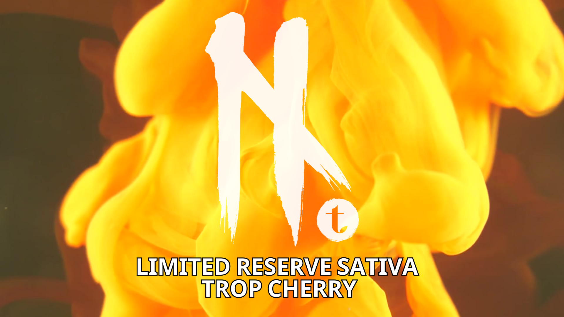 Natural History logo in bold white lettering over a background of swirling orange and yellow smoke, with the words “Limited Reserve Sativa Trop Cherry” displayed in black text at the bottom.