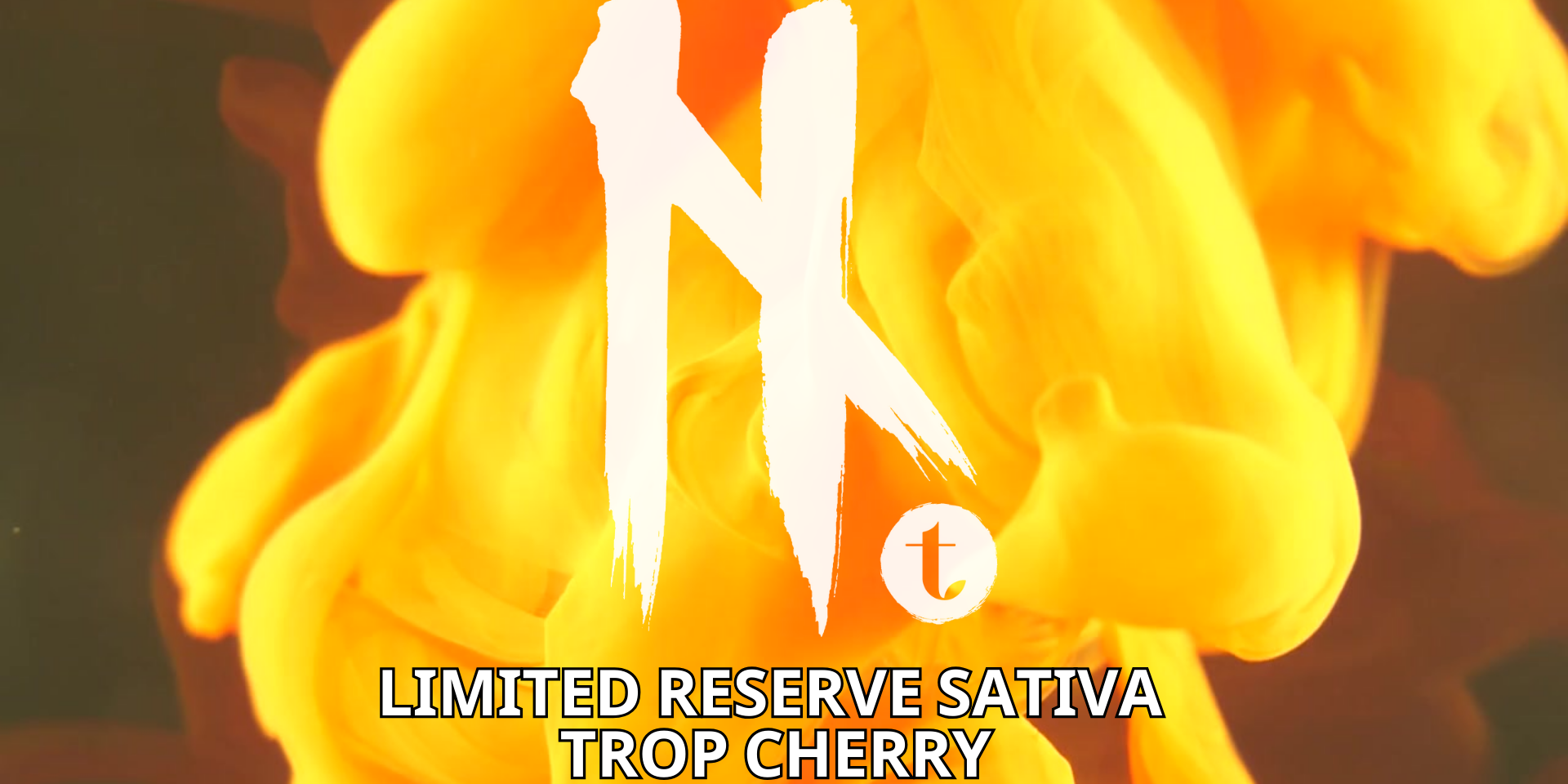 Natural History logo in bold white lettering over a background of swirling orange and yellow smoke, with the words “Limited Reserve Sativa Trop Cherry” displayed in black text at the bottom.