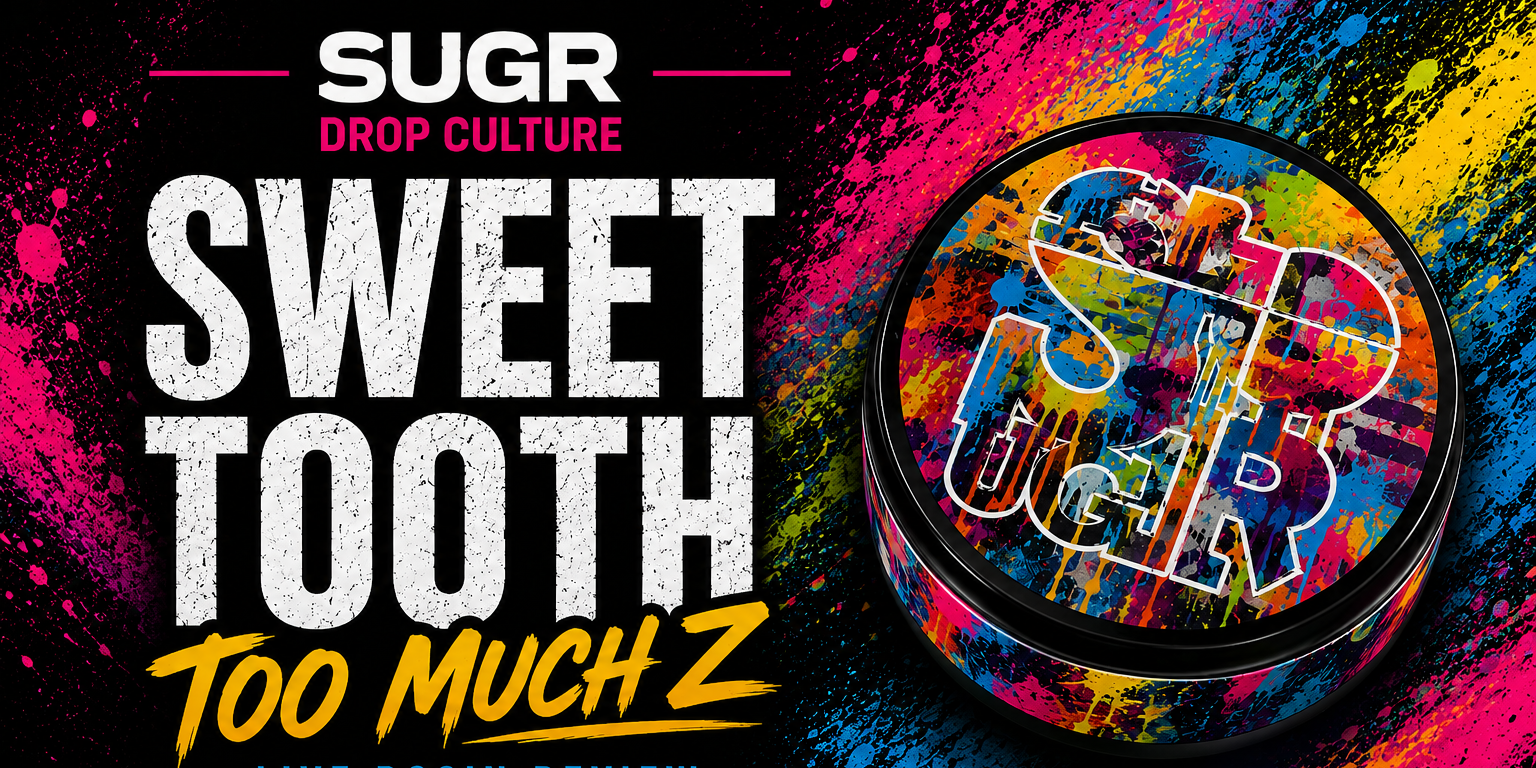 Featured blog cover image for a SUGR Drop Culture live rosin review. The design showcases the Sweet Tooth SKU featuring the rotational cultivar Too Much Z. A colorful SUGR rosin jar with vibrant graffiti-inspired artwork sits prominently on the right against a black background filled with energetic splashes of pink, blue, yellow, orange, and lime green. Large distressed white typography highlights the Sweet Tooth branding, while “Too Much Z” appears in bold yellow script below. SUGR and Drop Culture branding are positioned above, with “Live Rosin Review” displayed beneath. The artwork creates a high-energy, collectible aesthetic that reflects the candy-forward terpene profile and creative presentation of the release.
