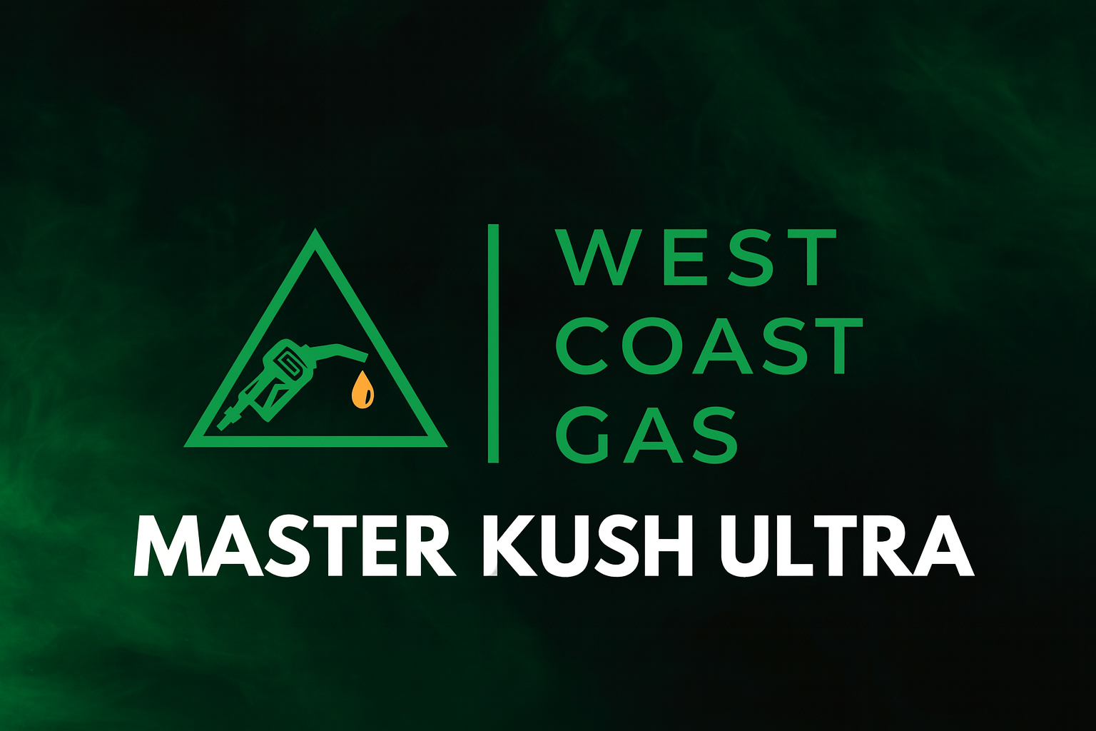 Digital banner featuring the West Coast Gas logo — a green triangle with a gas nozzle and orange droplet — alongside bold green text reading “West Coast Gas.” Below, “Master Kush Ultra” appears in large white letters against a dark green and black smoky background.