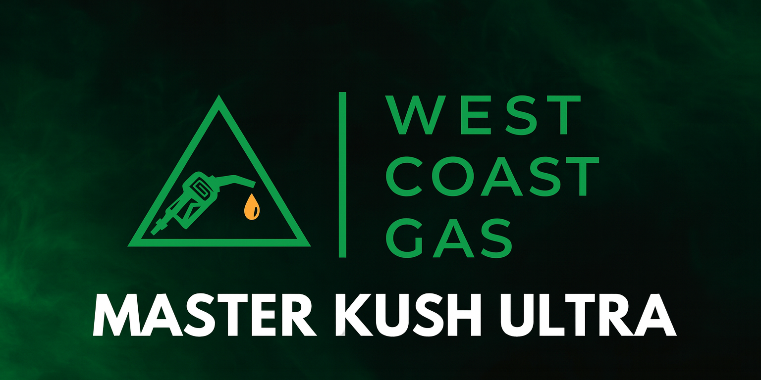 Digital banner featuring the West Coast Gas logo — a green triangle with a gas nozzle and orange droplet — alongside bold green text reading “West Coast Gas.” Below, “Master Kush Ultra” appears in large white letters against a dark green and black smoky background.