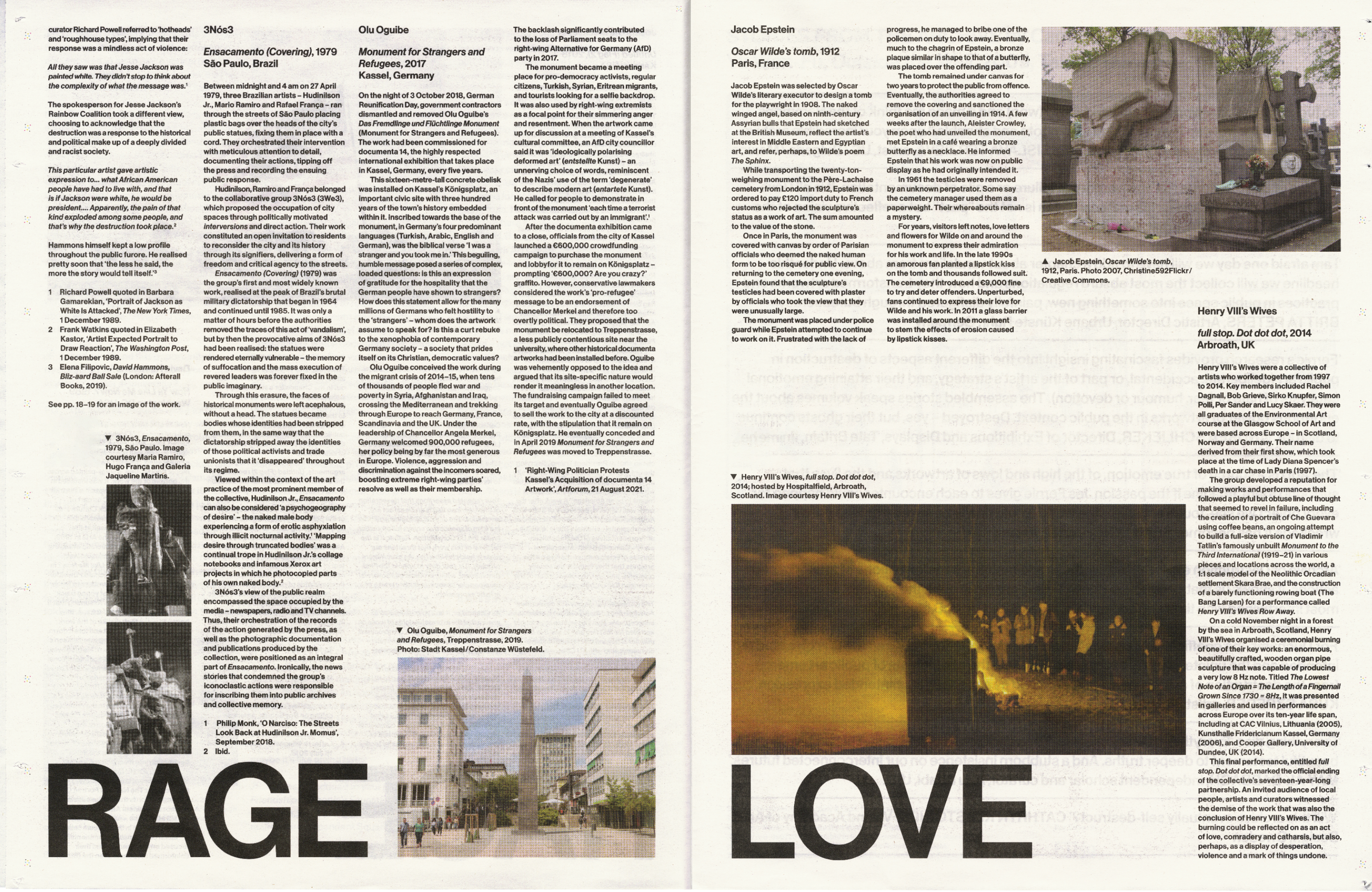 A magazine spread with articles on a white background. The left page shows two small black and white photos of costumed figures and a street scene with an obelisk, with "RAGE" in large letters at the bottom. The right page shows a photo of a tomb sculpture and a nighttime scene of people around a large fire, with "LOVE" in large letters at the bottom.