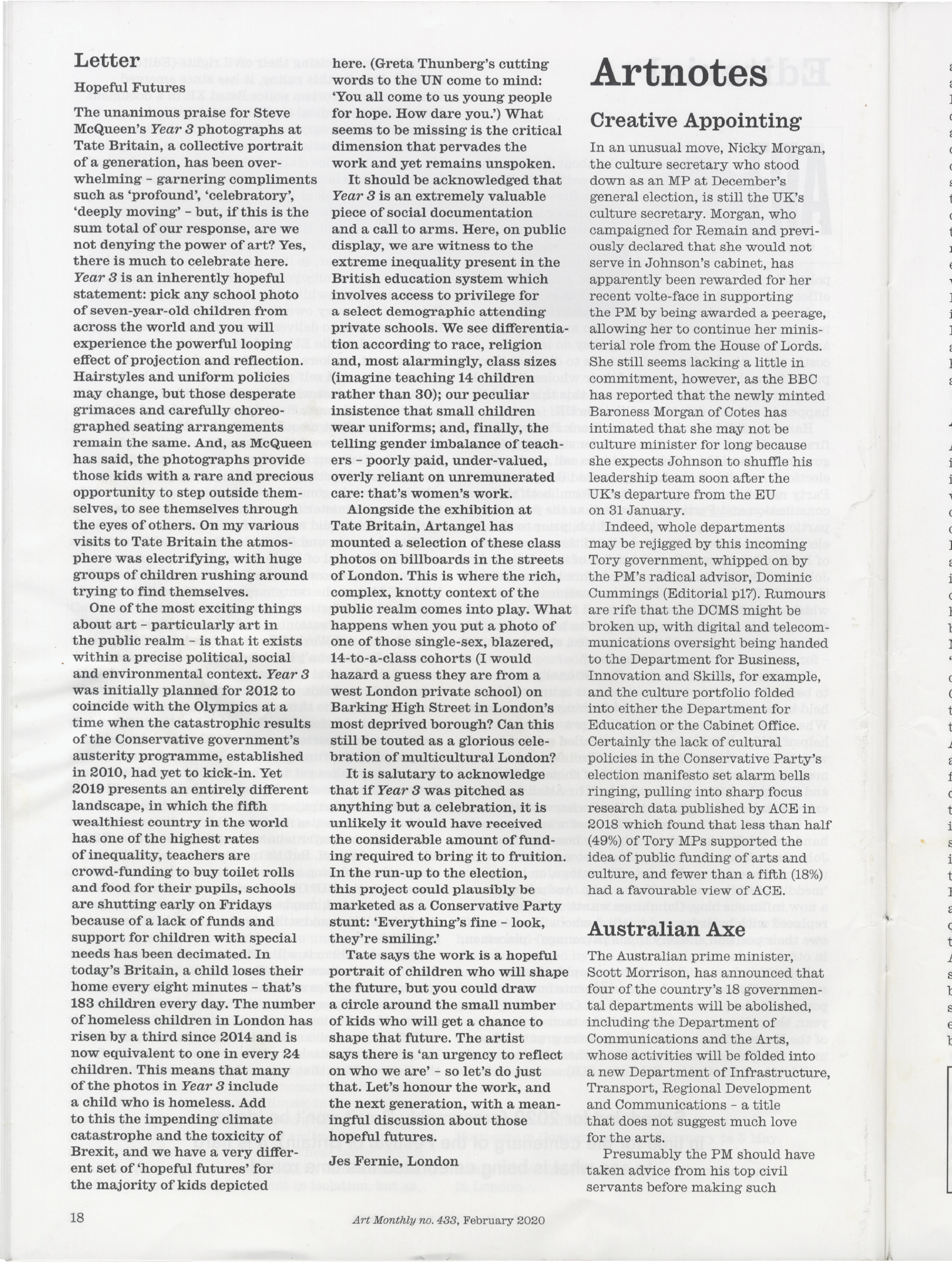 Page 18 of Art Monthly magazine, February 2020, featuring articles titled "Letter" and "Artnotes."
