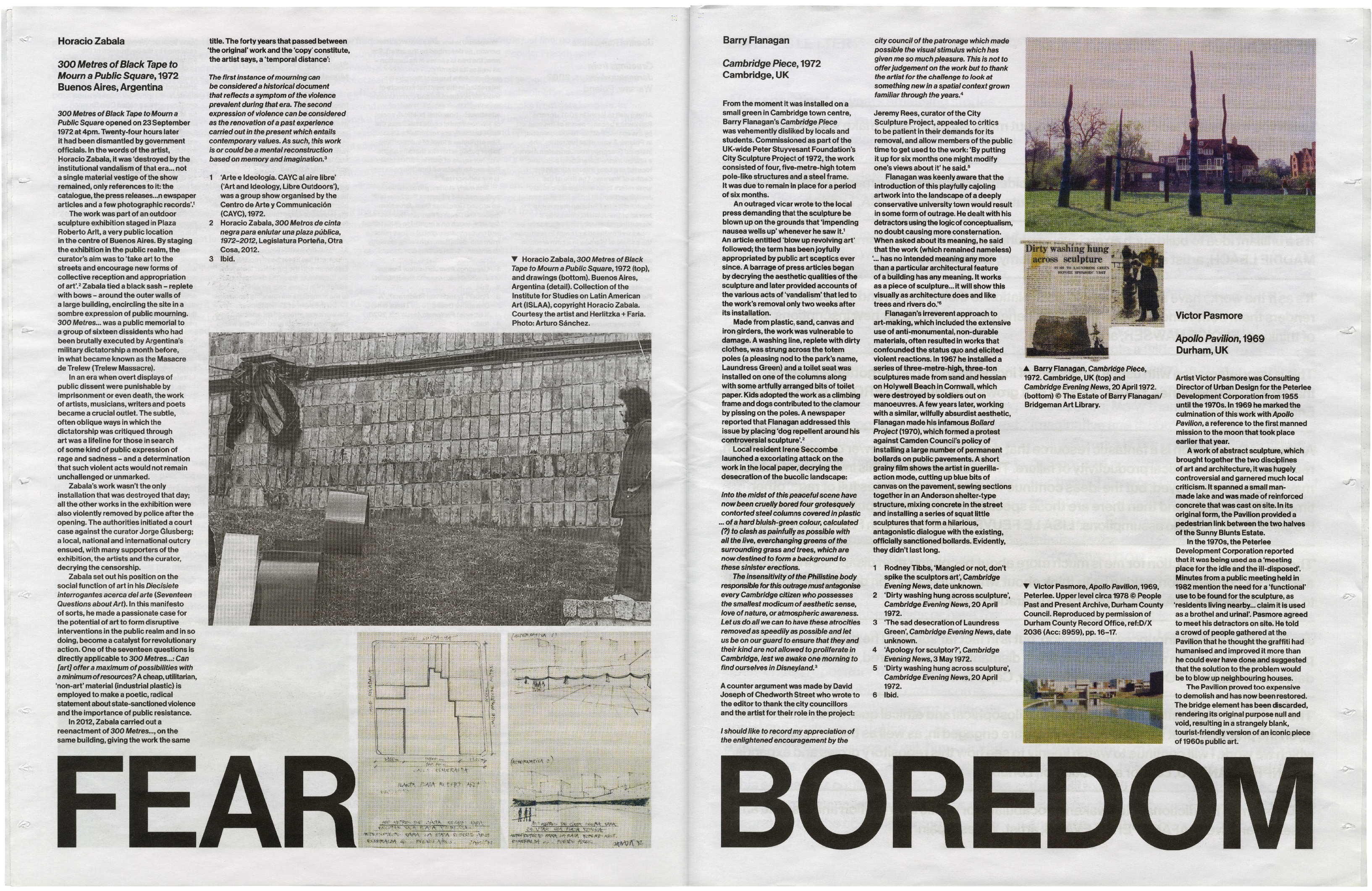 A magazine spread with articles about art, featuring a black and white photo of a person by a brick wall, architectural drawings, a color photo of tall sculptures, a newspaper clipping, a building by water, and large words "FEAR" and "BOREDOM" at the bottom.