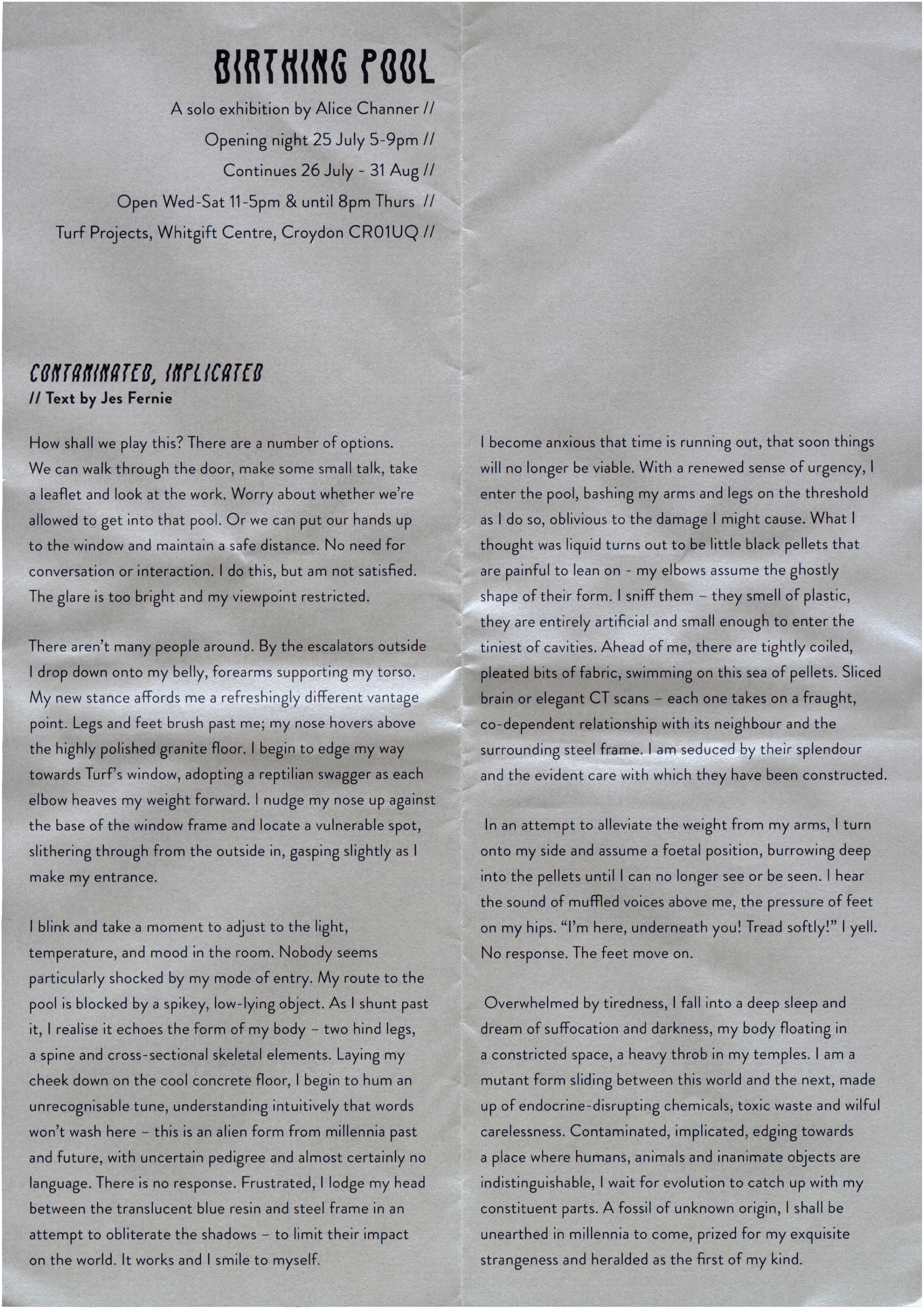 Flyer for "Birthing Pool," a solo exhibition by Alice Channer, with details on dates and venue, and an essay titled "Contaminated, Implicated" by Jes Fernie.
