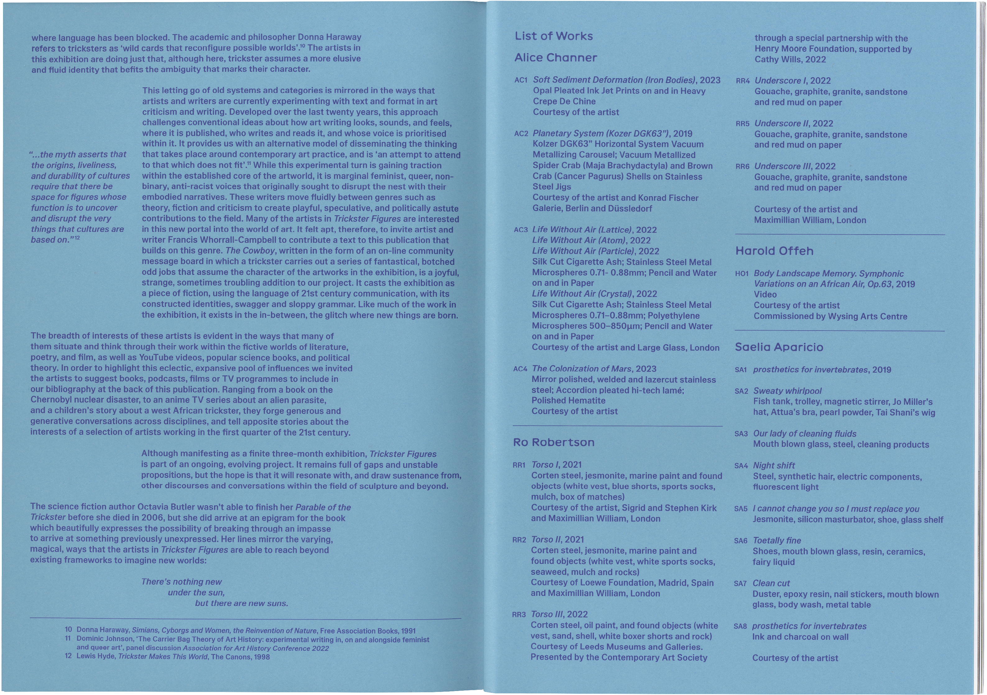 Exhibition catalog page showing an essay on the left and a list of works by Alice Channer, Harold Offeh, Saella Aparicio, and Ro Robertson on the right.