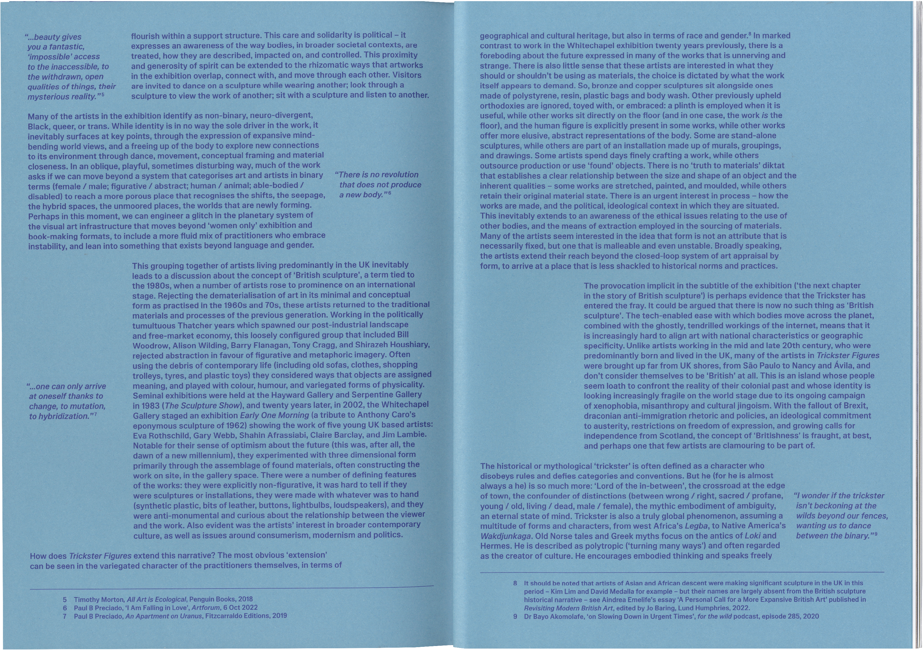 A blue page from an art exhibition catalog with white text in two columns.