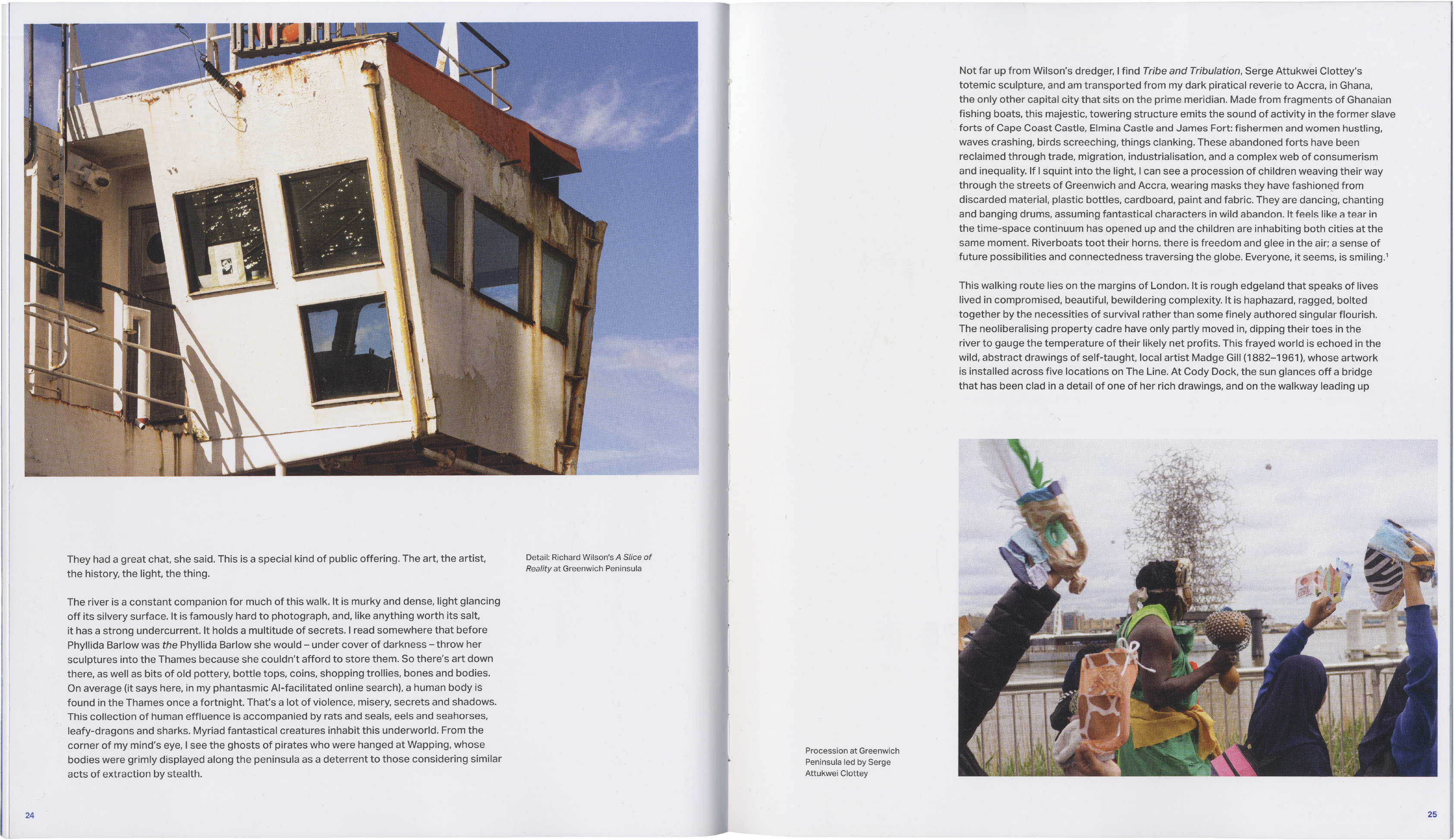 An open book displaying a large, angular photo of a rusty white boat's cabin on the left page, with text and a smaller image on the right.