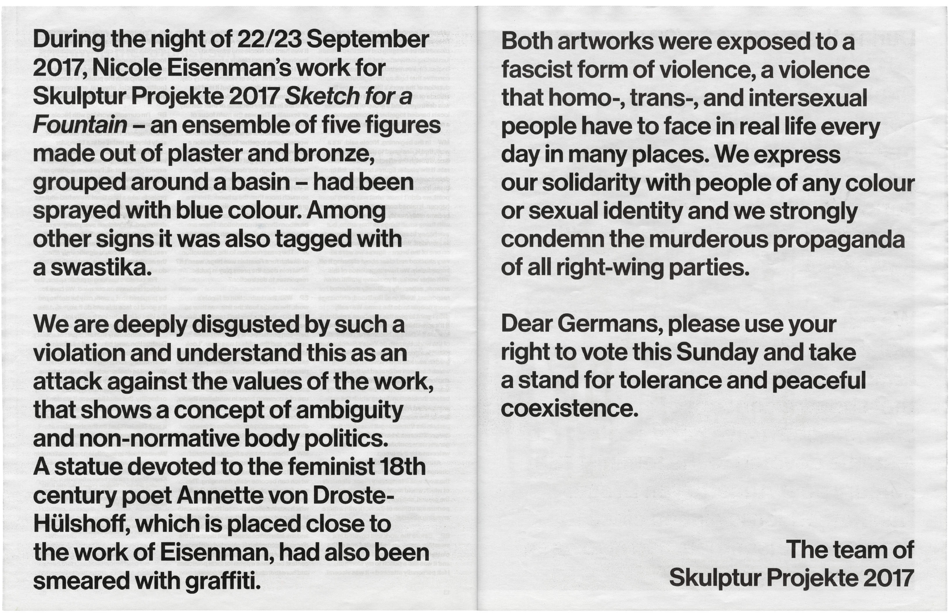 A text statement from Skulptur Projekte 2017 condemning the vandalism of Nicole Eisenman's artwork "Sketch for a Fountain" with blue spray paint and a swastika, and calling for a vote for tolerance against fascist violence.