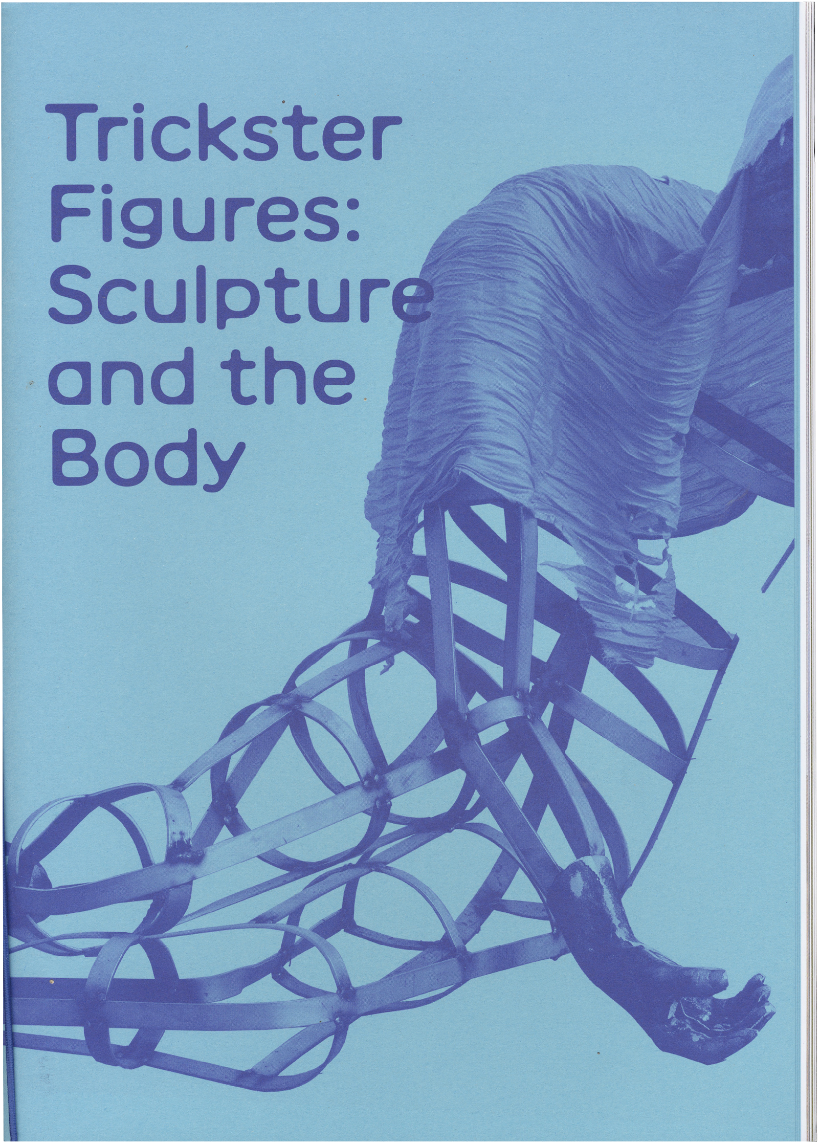 Book cover for "Trickster Figures: Sculpture and the Body" featuring a blue and purple abstract sculpture with a skeletal frame, draped fabric, and a realistic hand.