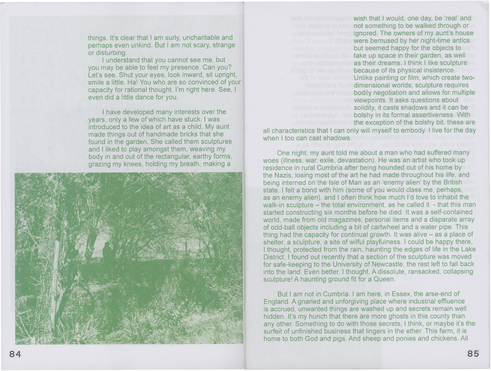 An open book showing two pages with black text on a green background. The left page features a green-tinted, pixelated image of a forest or dense foliage, with page numbers 84 and 85.