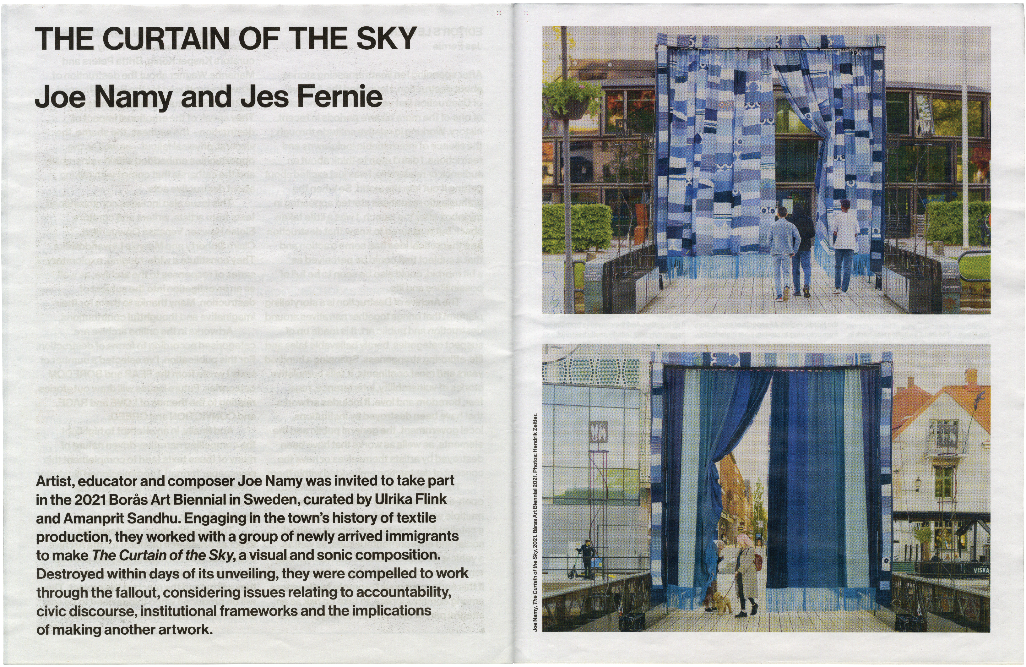A page from a publication shows the title "THE CURTAIN OF THE SKY" and artists Joe Namy and Jes Fernie, with two photos of a large outdoor art installation made of blue fabric curtains, featuring people walking through.