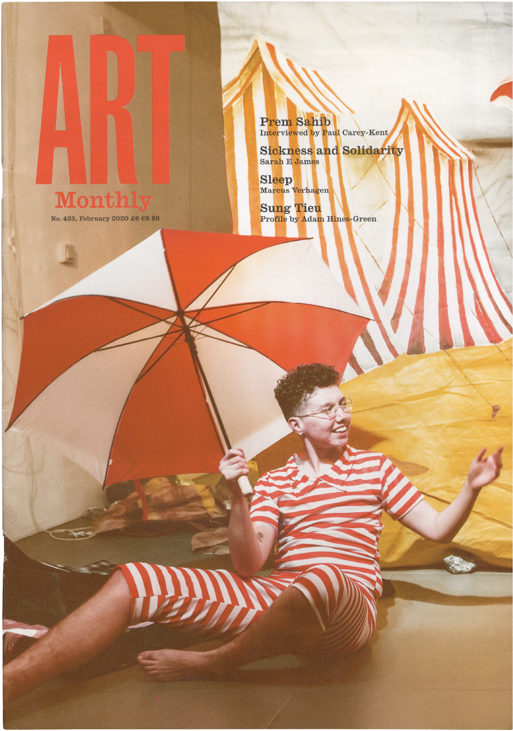 Cover of ART Monthly magazine featuring a person in a red and white striped swimsuit holding an umbrella, with circus tents in the background.