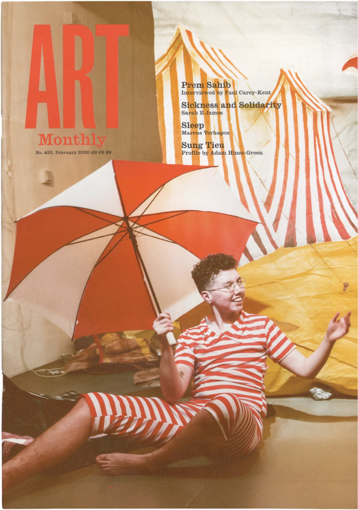 Cover of ART Monthly magazine featuring a person in a red and white striped swimsuit holding an umbrella, with circus tents in the background.