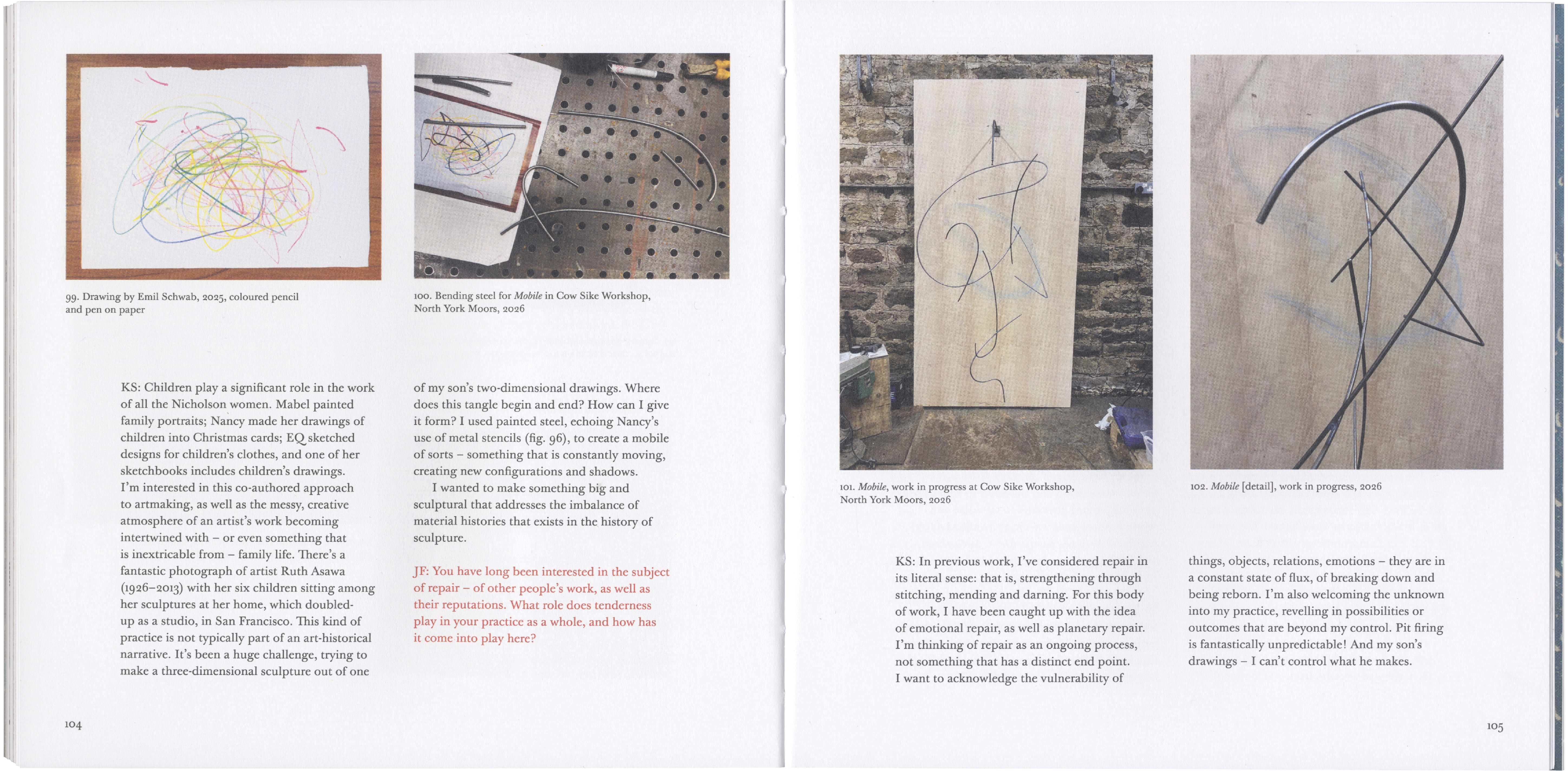 A two-page book spread displaying four images of art, ranging from childlike scribbles to abstract metal sculptures, accompanied by descriptive text about art, process, and repair.