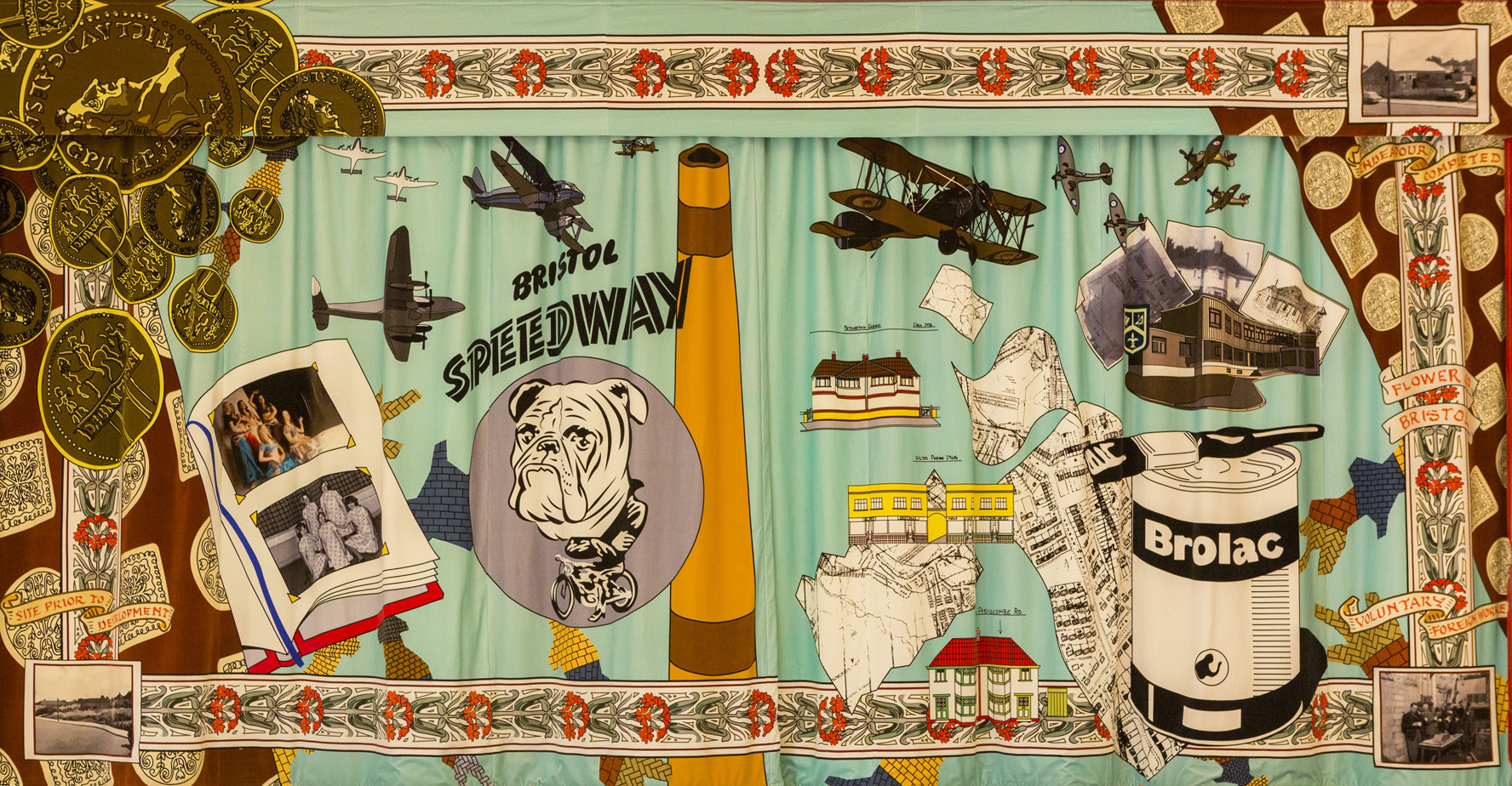 A detailed, colorful collage depicting historical elements including airplanes, buildings, a bulldog, a "Bristol Speedway" sign, a Brolac paint can, golden coins, and an open photo album.