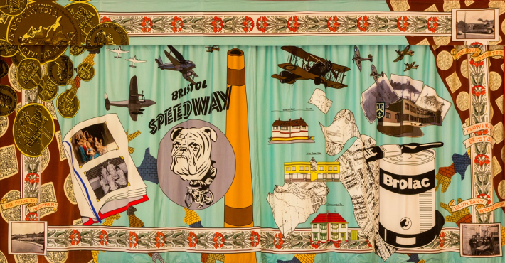 A detailed, colorful collage depicting historical elements including airplanes, buildings, a bulldog, a "Bristol Speedway" sign, a Brolac paint can, golden coins, and an open photo album.