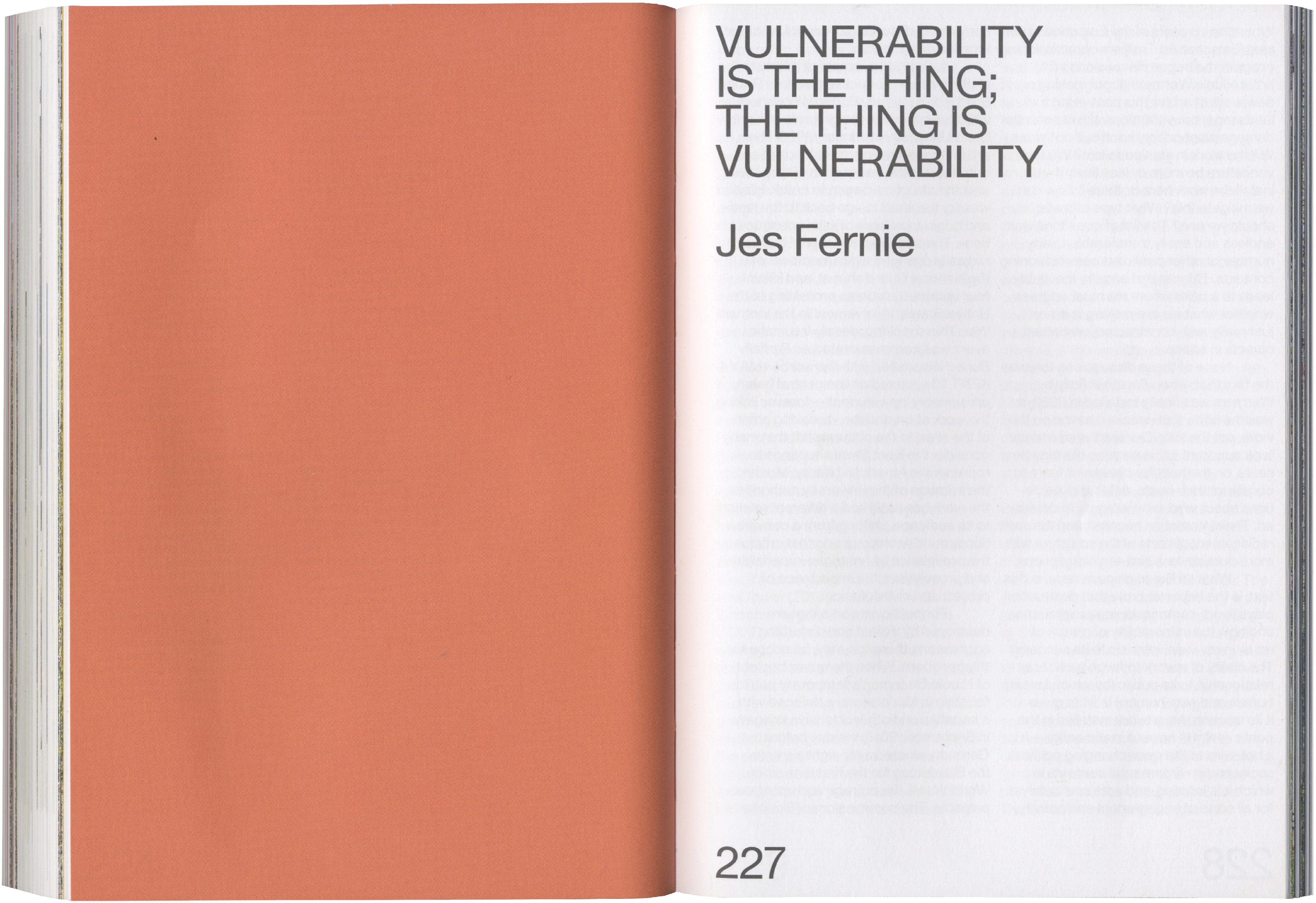 An open book with an orange-red left page and a white right page featuring the quote: "VULNERABILITY IS THE THING; THE THING IS VULNERABILITY" by Jes Fernie, page 227.