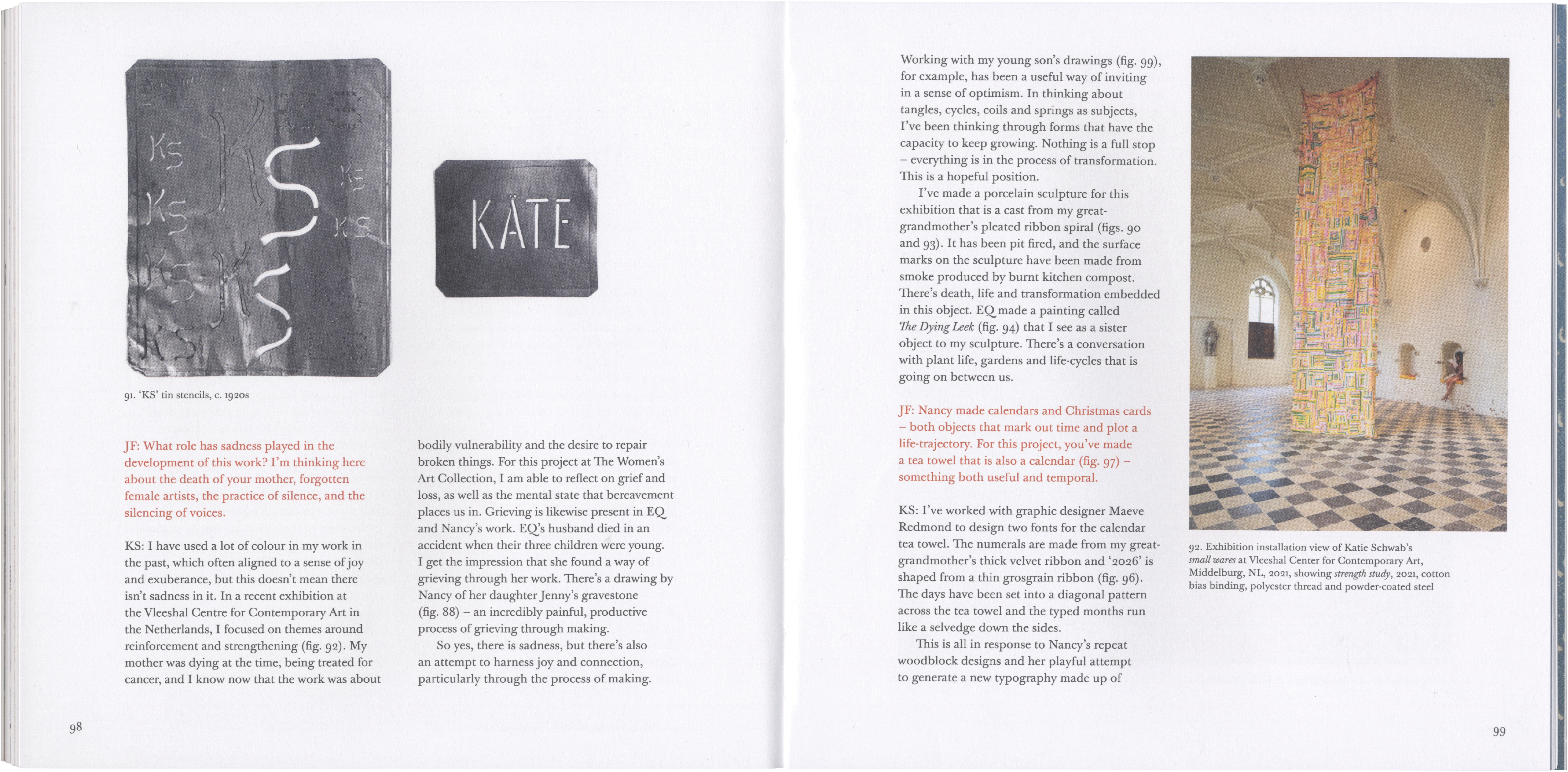 A two-page spread showing two small, grayscale metal artworks (one crumpled with 'KS SOS', one a tag with 'KATE') on the left, and a large, colorful textile column sculpture in a grand hall on the right, with accompanying text on both pages.