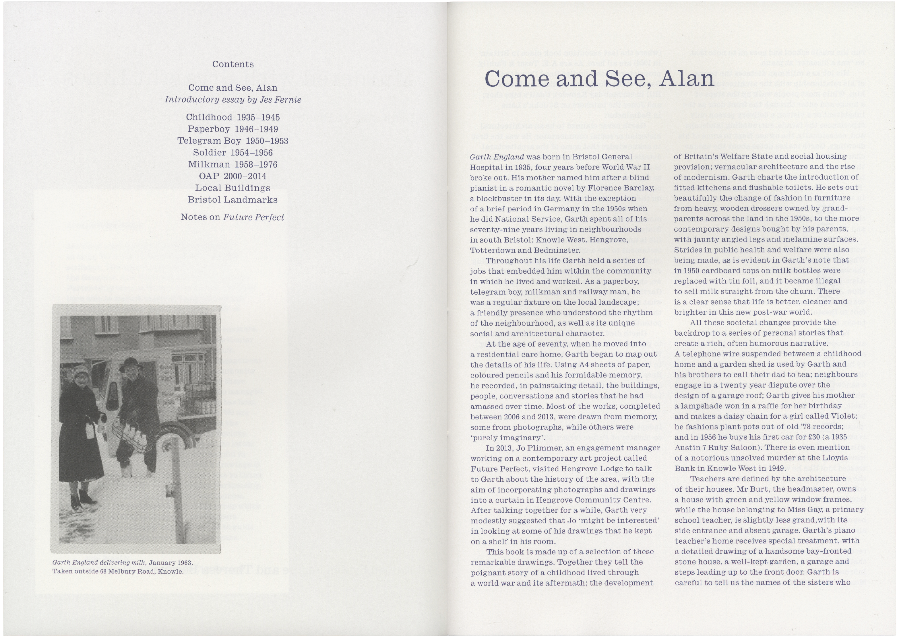 An open book showing a contents page with a black and white photo of people in a snowy street on the left, and an essay titled "Come and See, Alan" on the right.