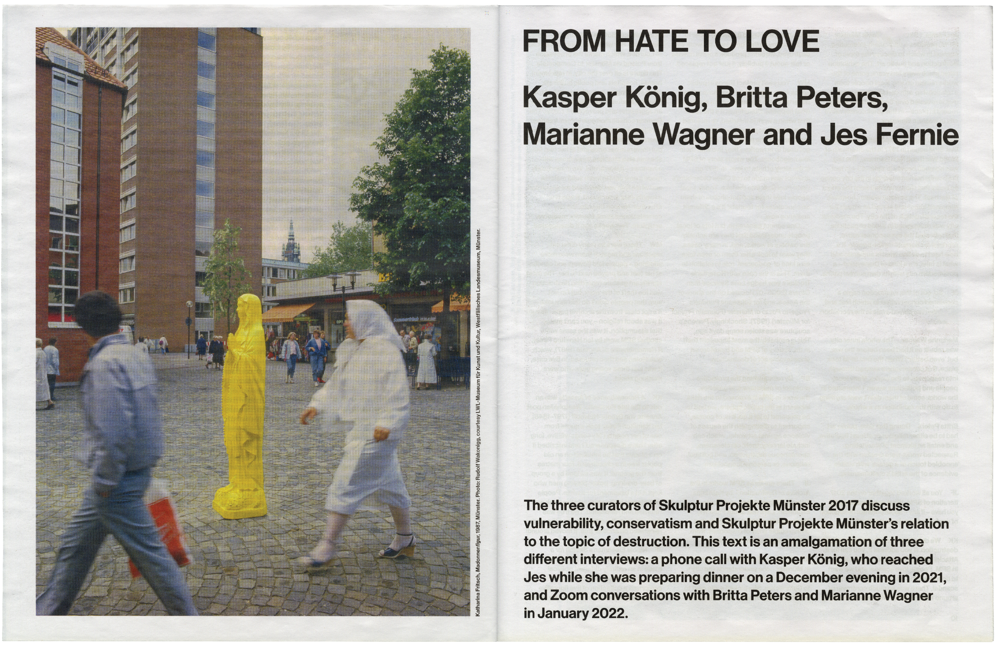 A two-page spread showing a photo on the left of people walking past a bright yellow sculpture in a city plaza, and text on the right, including the title "FROM HATE TO LOVE" and four names.