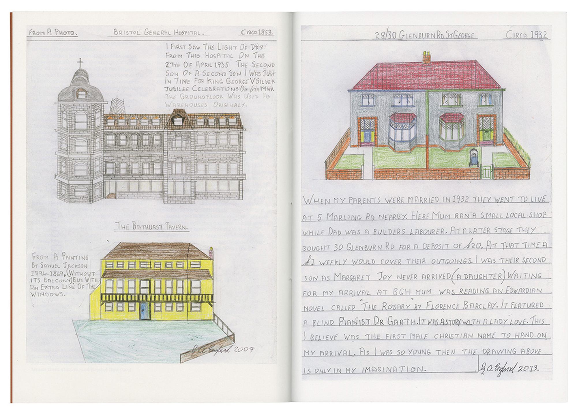 Open notebook with colored pencil drawings of Bristol General Hospital, The Bothereast Tavern, and a pair of houses, accompanied by handwritten text detailing their historical and personal significance.
