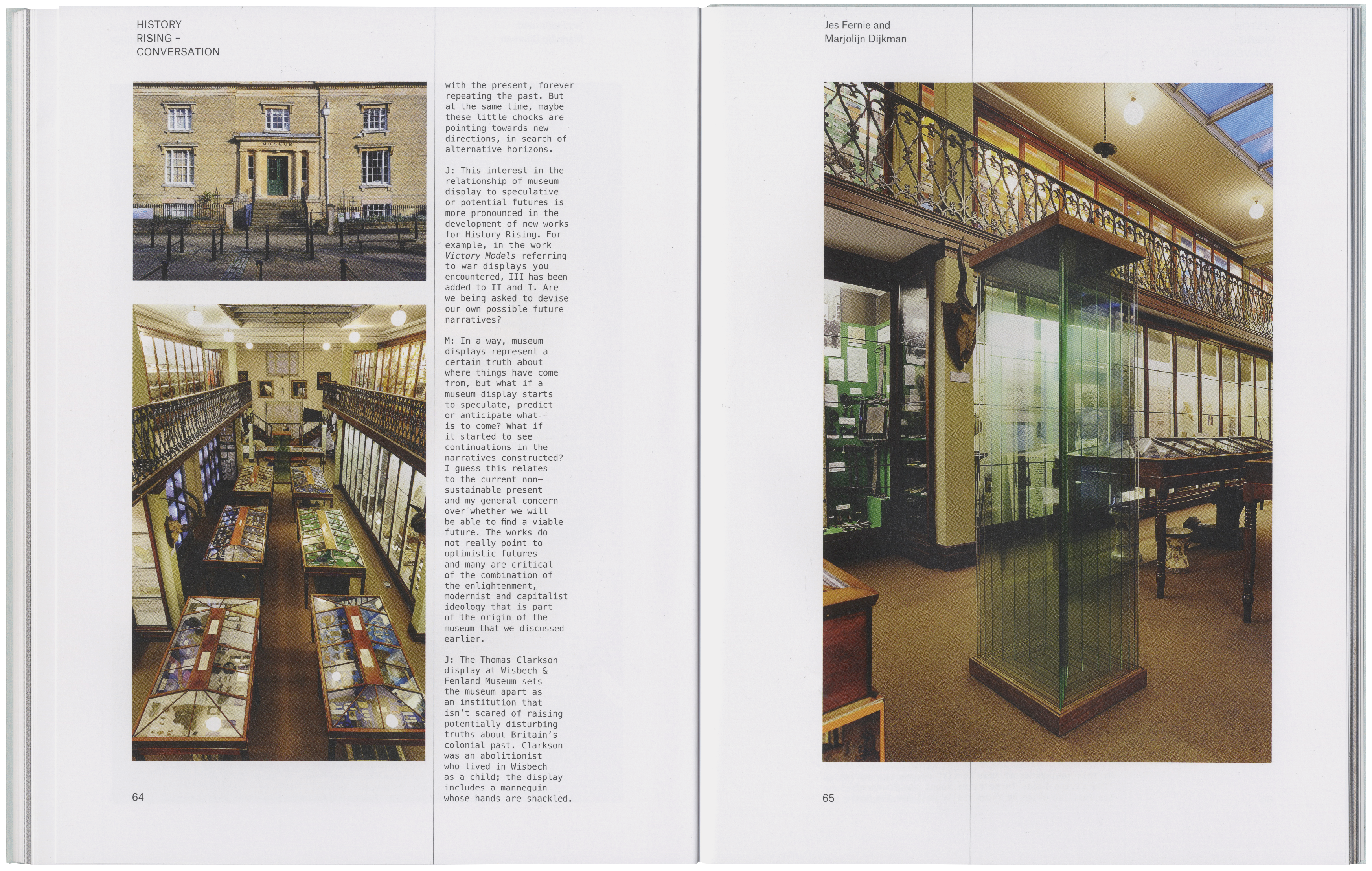 A book spread featuring museum scenes: an old building, an overhead view of a gallery with many exhibits, and a tall glass display case in another gallery with an ornate balcony.