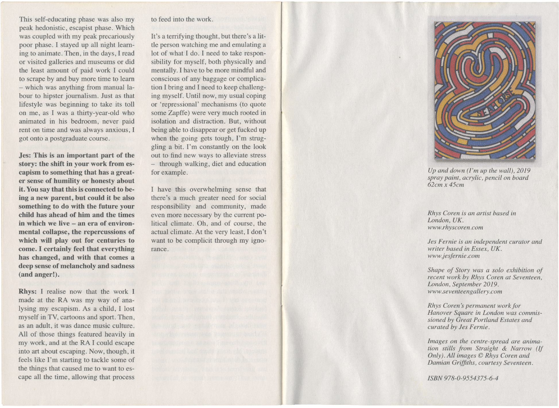 An open book displaying an article across two pages, with a colorful abstract painting of winding lines and shapes on the right page.