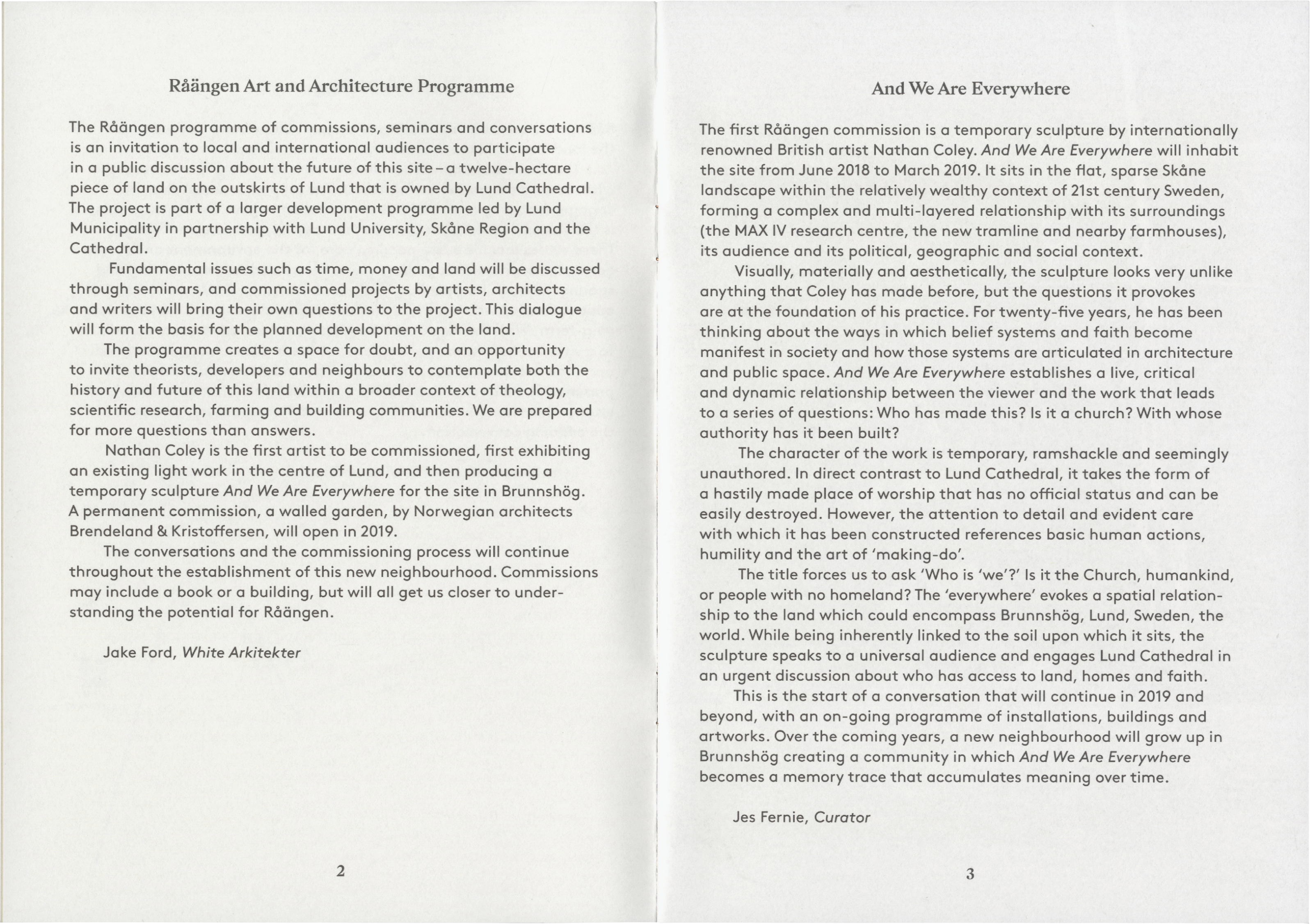 A document page with two articles titled 'Råängen Art and Architecture Programme' and 'And We Are Everywhere'.