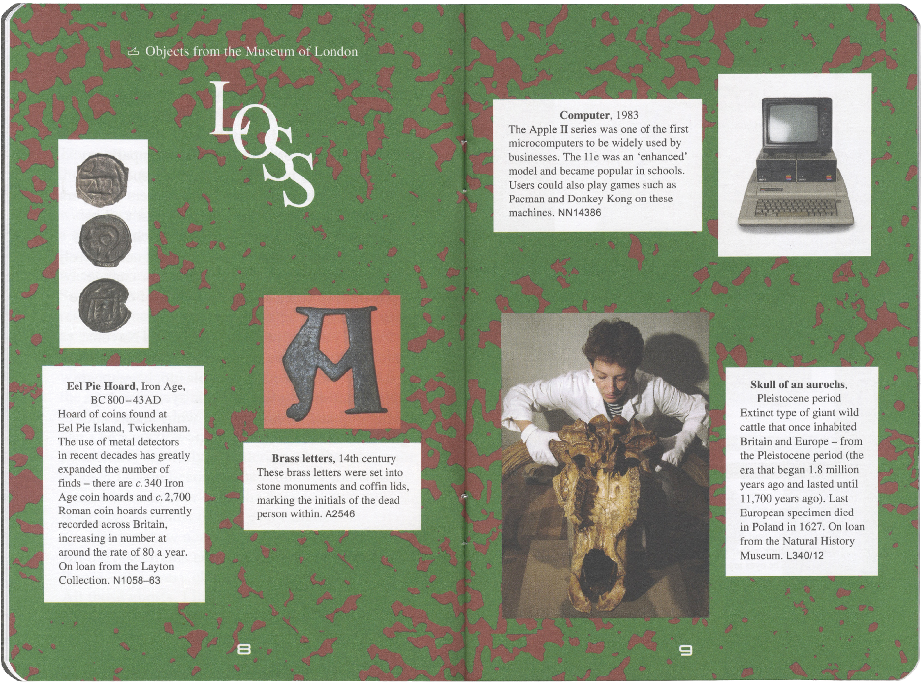 A museum catalog spread showing ancient coins, a brass letter M, a 1983 computer, and an aurochs skull being examined by a person.