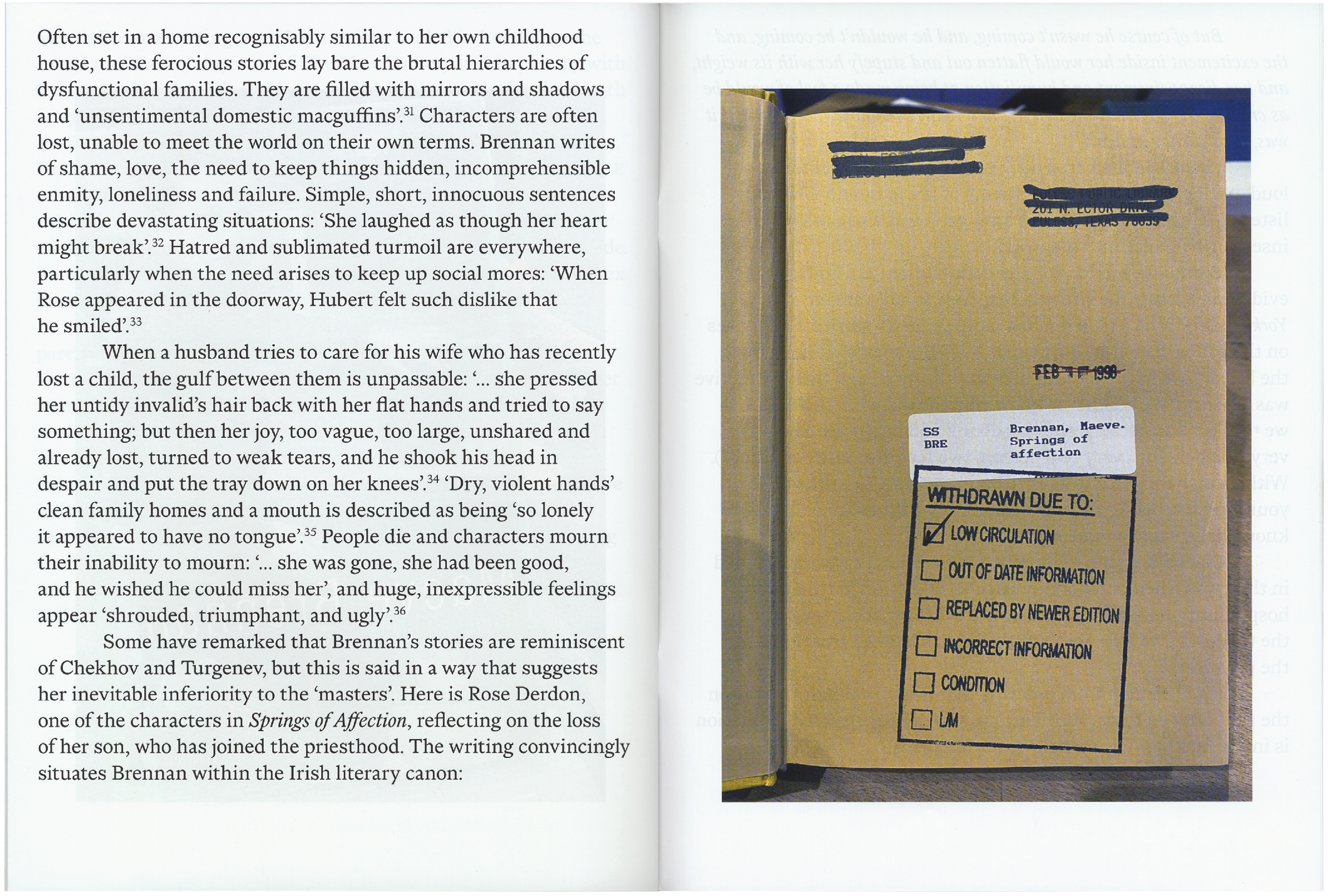 An open book with text on the left page and a brown file cover on the right, featuring a "WITHDRAWN DUE TO: LOW CIRCULATION" label.