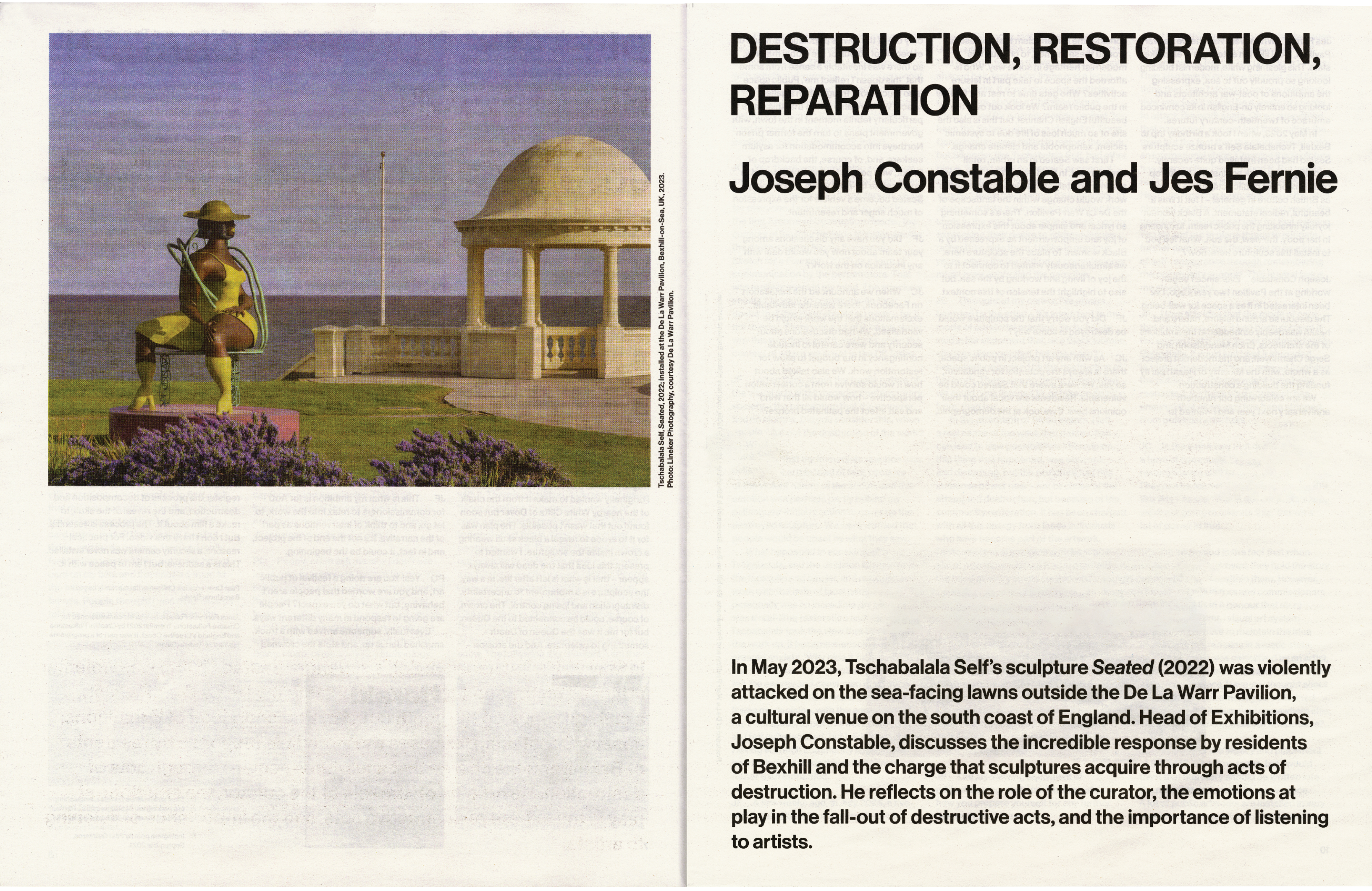 Photo of Tschabalala Self's yellow sculpture "Seated" on a seaside lawn with a gazebo, alongside text about destruction and restoration.