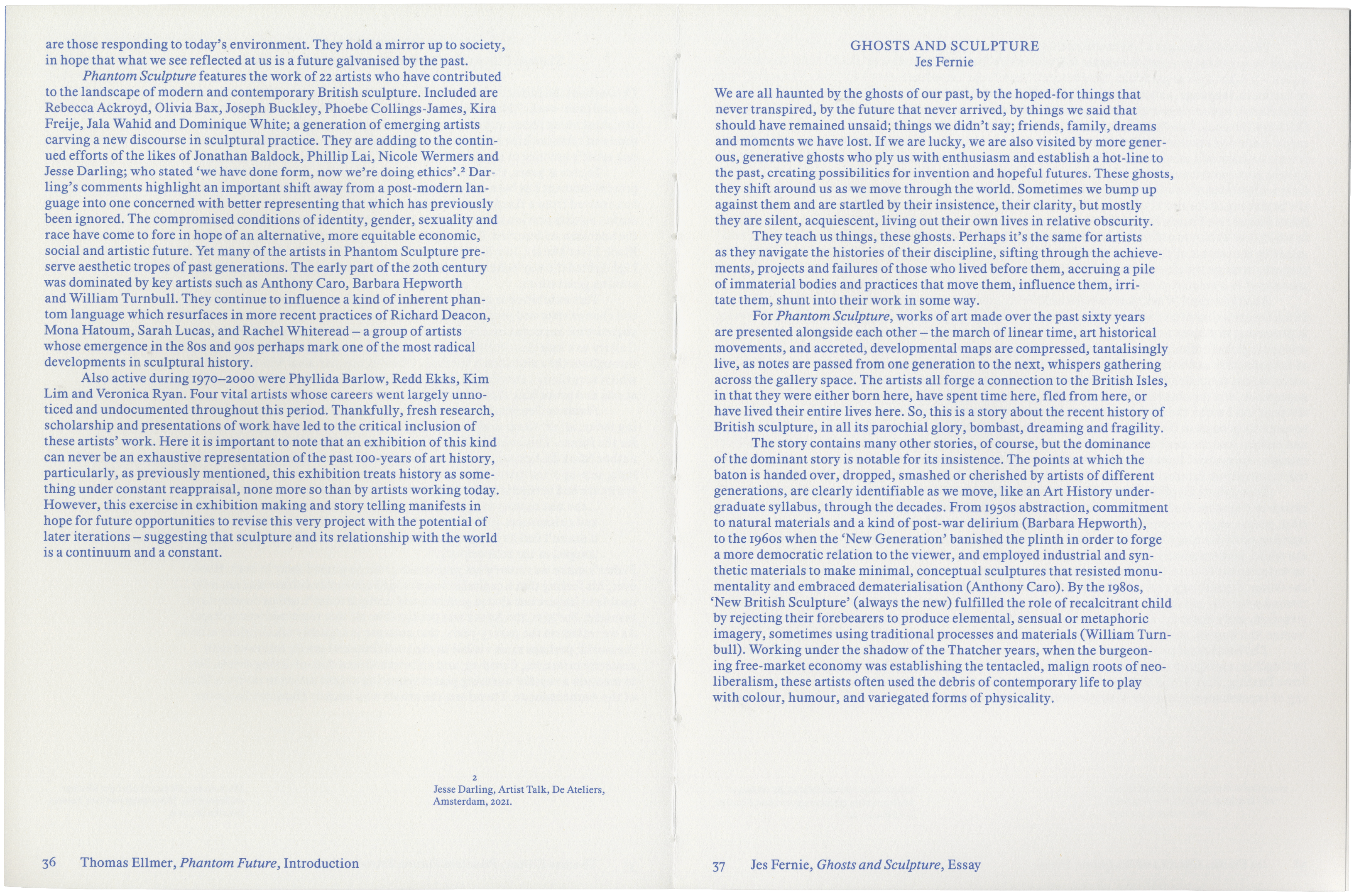 Two open book pages displaying academic text, with the essay "Ghosts and Sculpture" on the right.