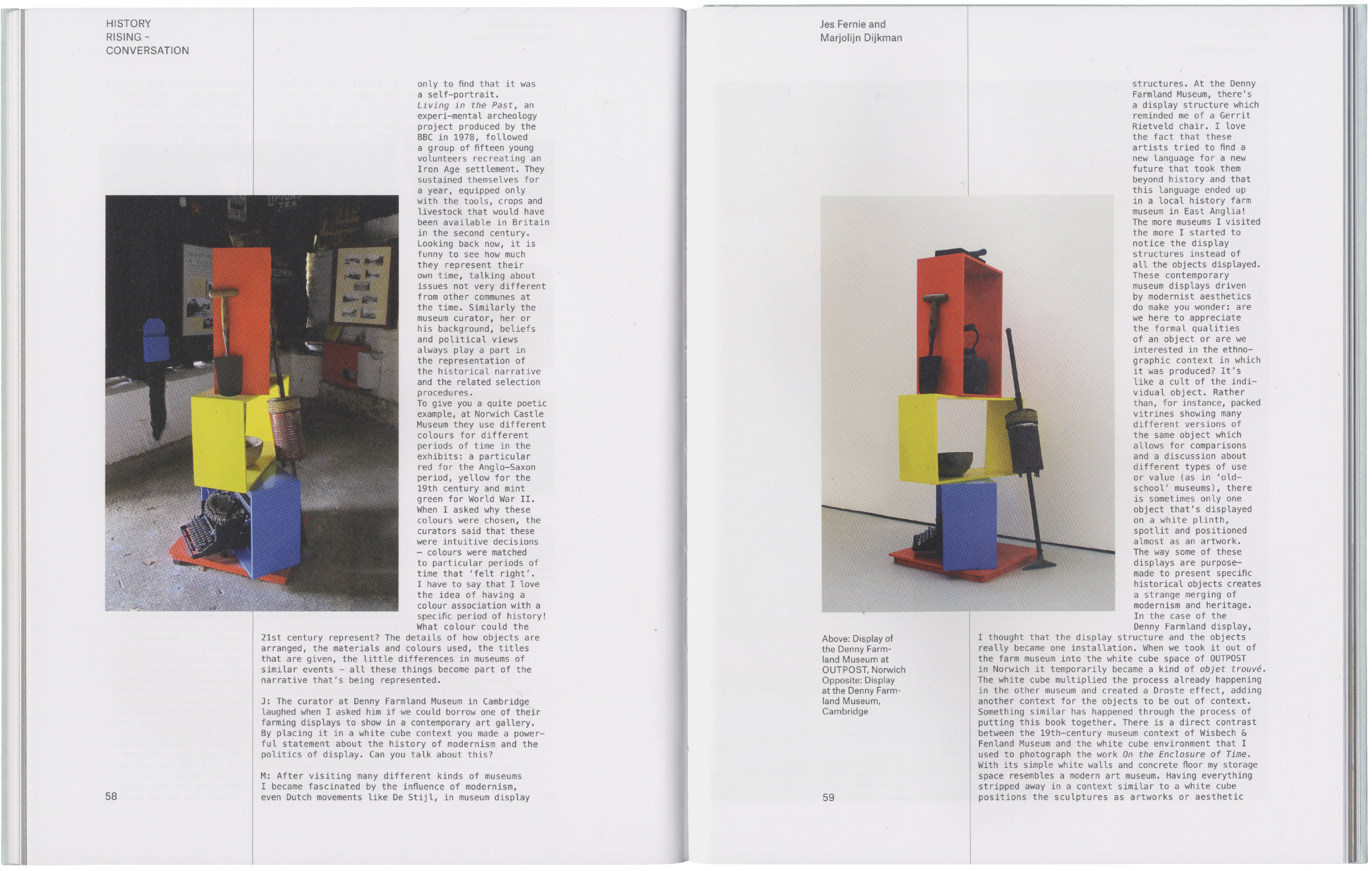 Two photos show sculptures of stacked red, yellow, and blue rectangular boxes containing tools and domestic items. One is in a museum, the other against a white background.