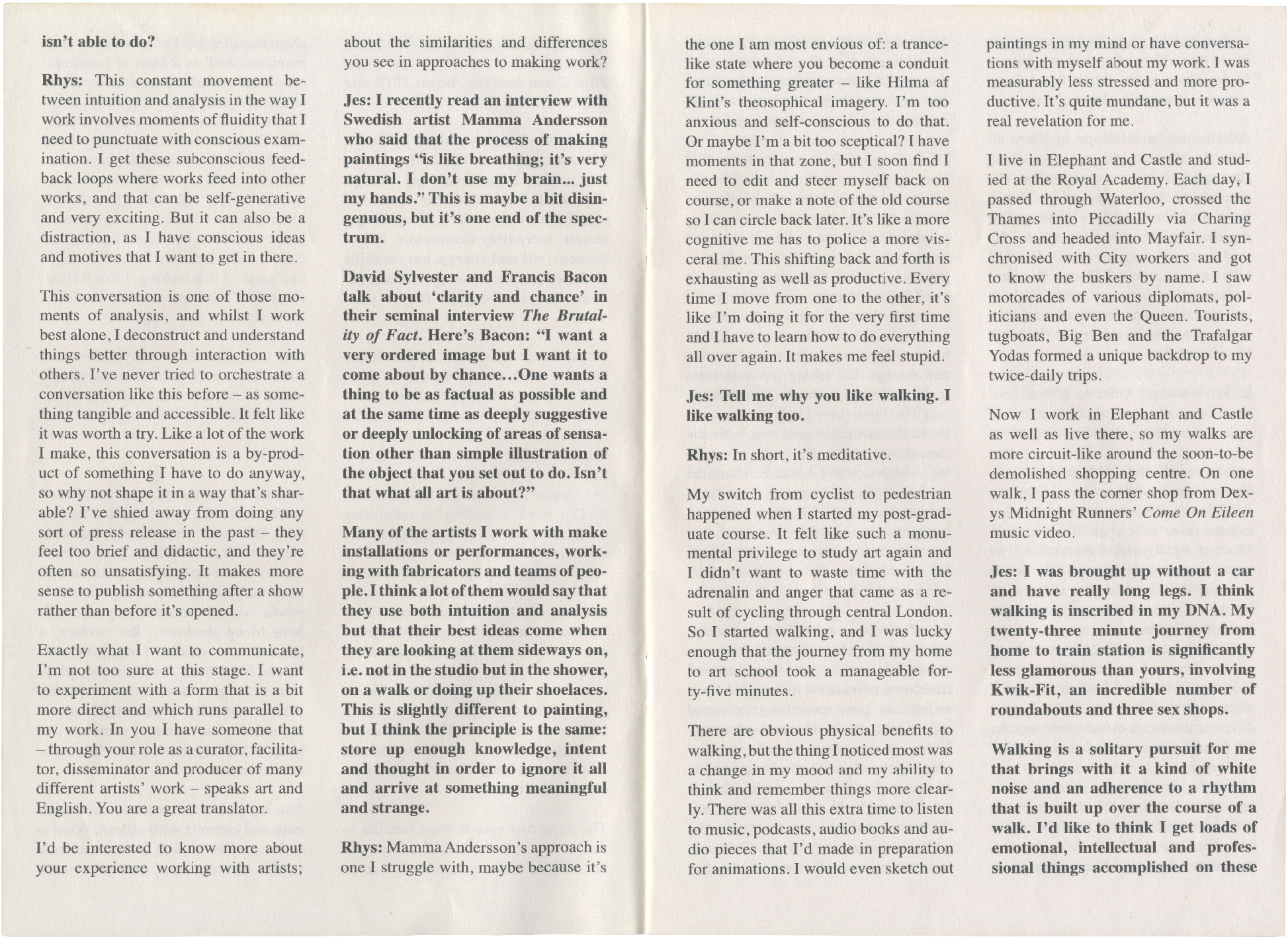 Two open pages from a book or magazine, filled with dense, multi-column text and headings.