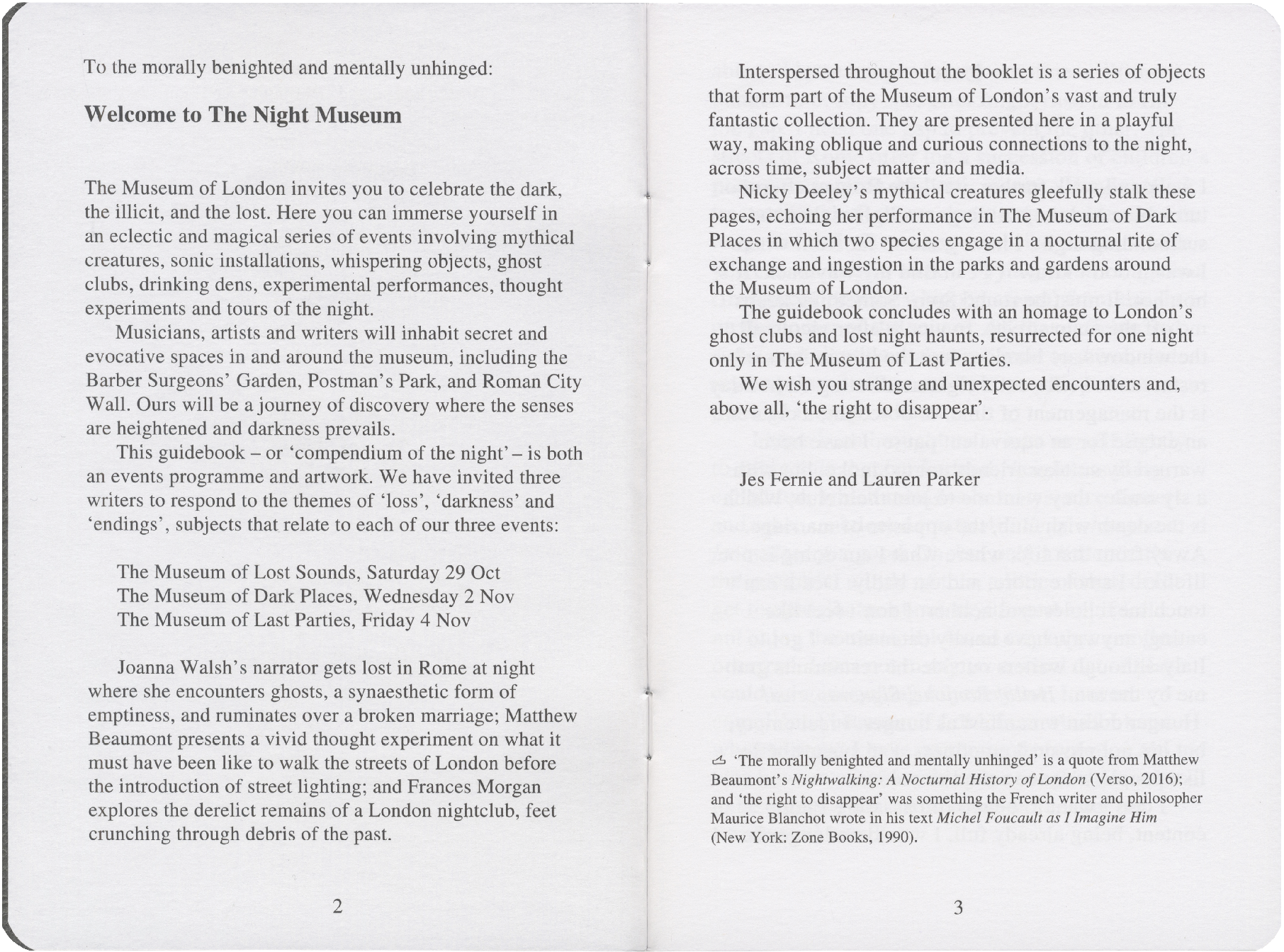 An open booklet showing two pages of black text on white paper, with page numbers 2 and 3 at the bottom.