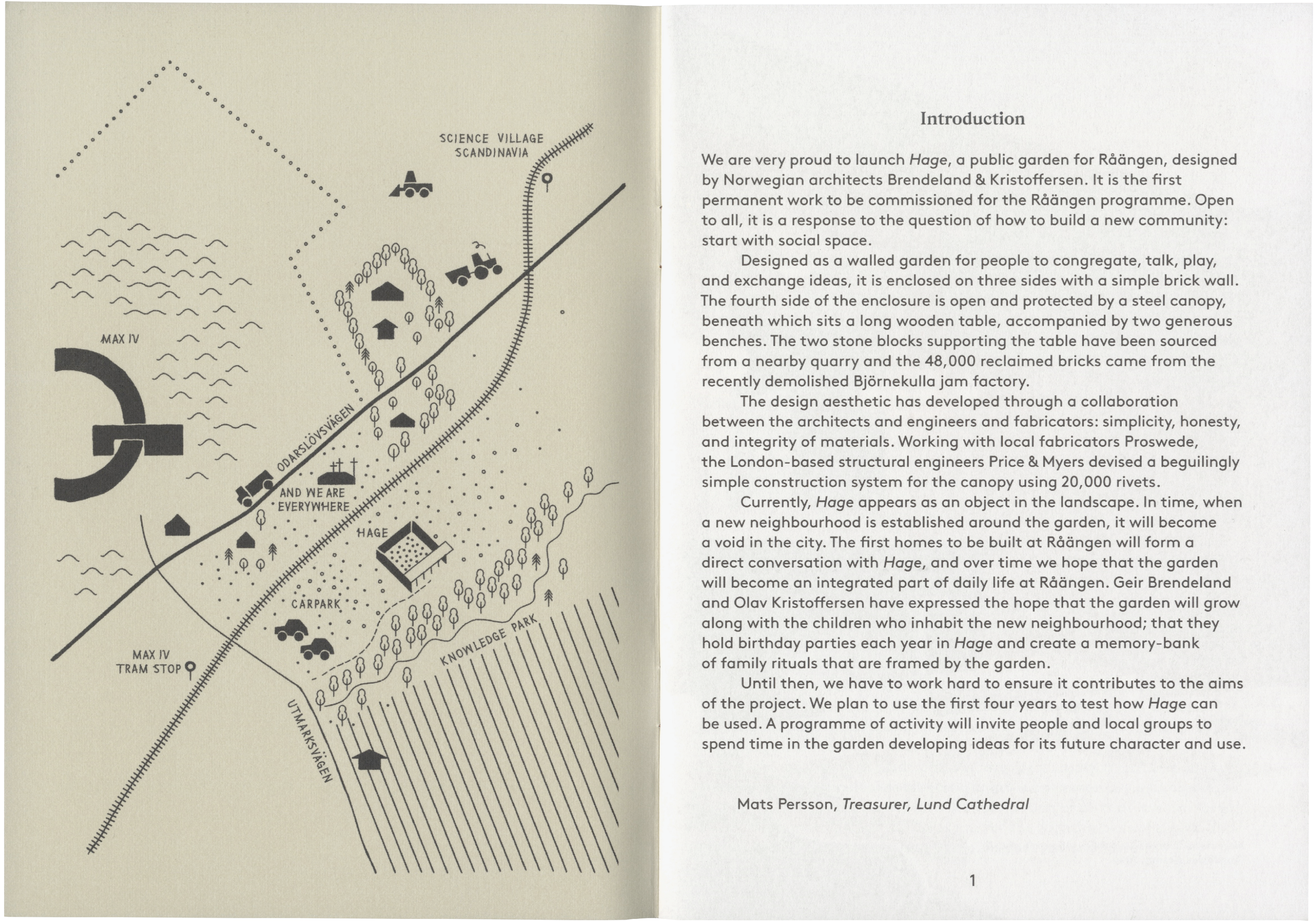 Open book showing a stylized map of the 'Hage' garden area on the left, and an introduction text about the 'Hage' public garden project on the right.