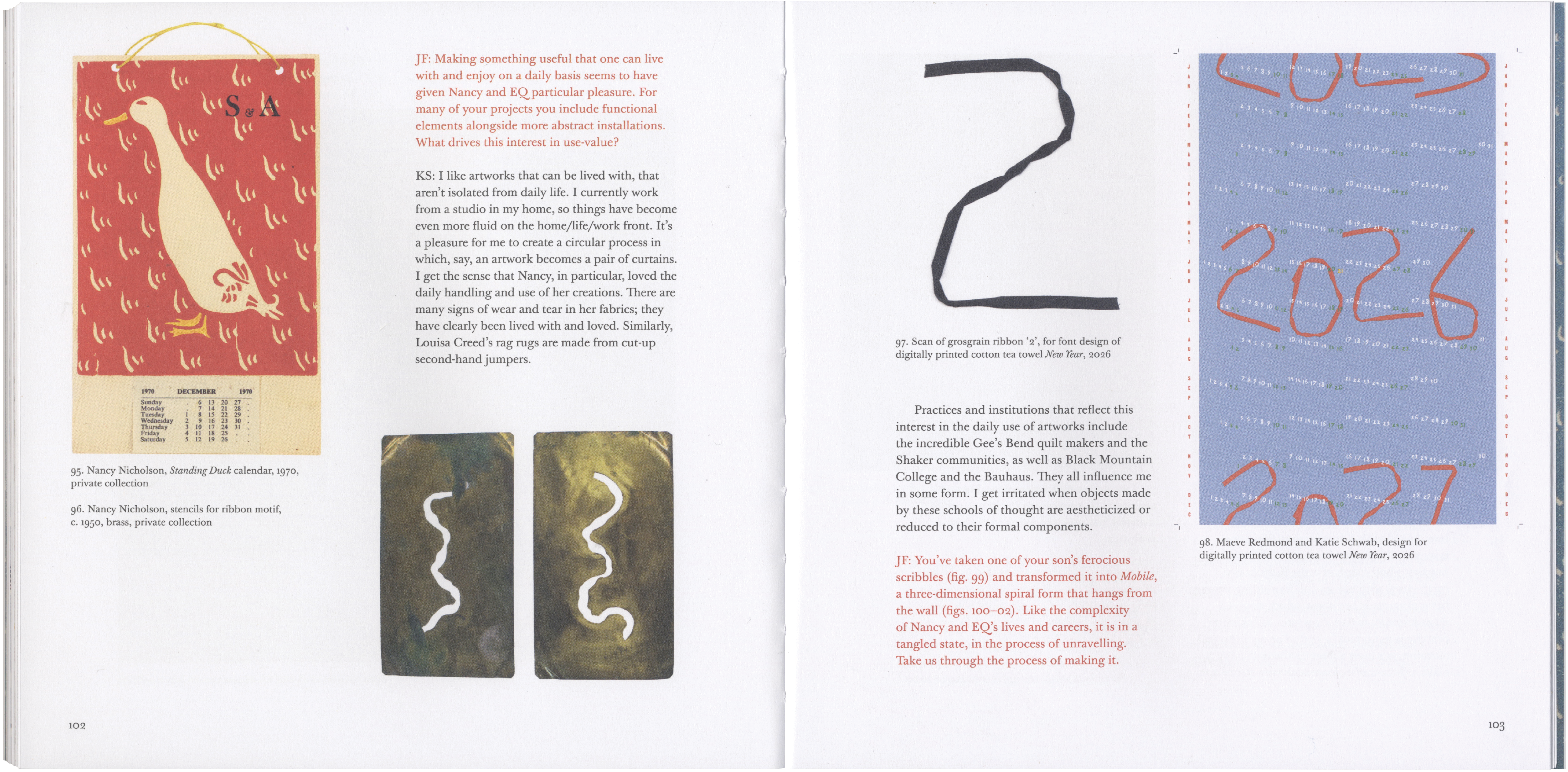 An open book spread shows on the left a white duck illustration on a red patterned background, with two dark rectangles displaying white wavy lines below. On the right, a thick black number 2 is above a blue background with red numbers 2023, 2026, 2027, 2028.
