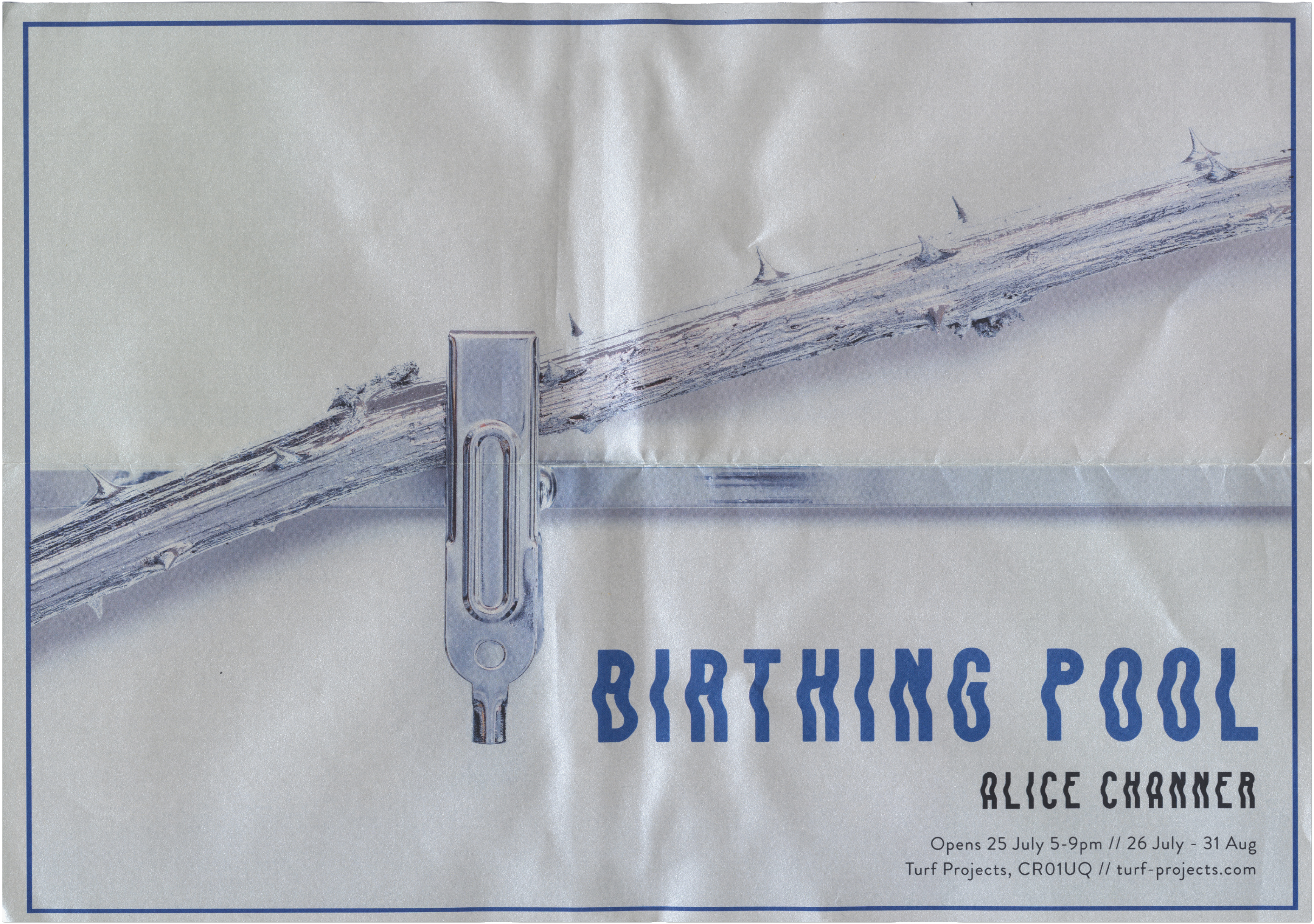 Exhibition poster featuring a pale, jagged diagonal rod held by a silver clamp against a white background, with the title "BIRTHING POOL" and artist "ALICE CHANNER" in blue text.