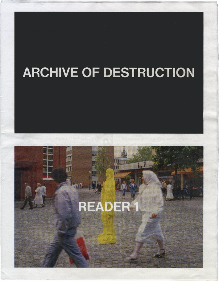 A book cover with "ARCHIVE OF DESTRUCTION" in white text on a dark gray top panel, and "READER 1" on a lower photo of a city square with pedestrians and a yellow human silhouette.