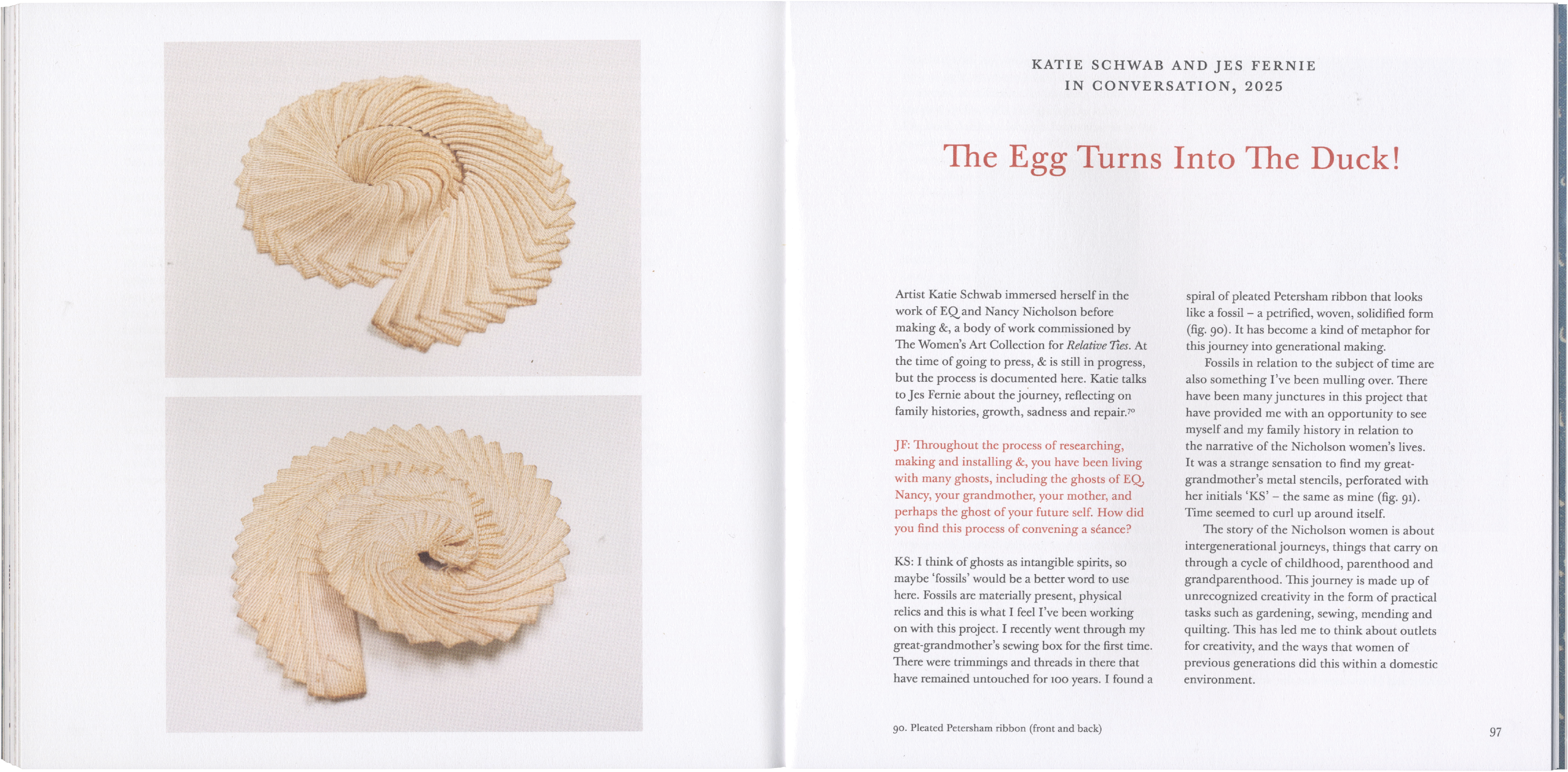 Two light-colored, pleated spiral ribbons are shown on the left page of an open book, opposite an article titled "The Egg Turns Into The Duck!" on the right.