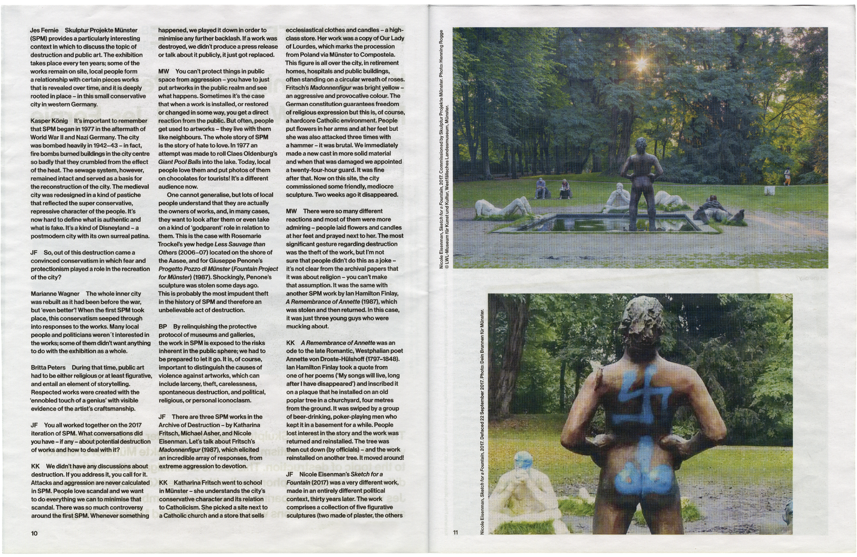 Two photos on a page: a park scene with statues, and a close-up of a male statue's back defaced with a blue swastika.