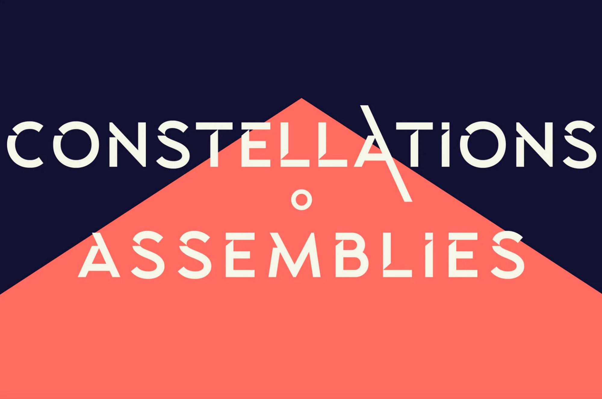 White fragmented text "CONSTELLATIONS o ASSEMBLIES" on a geometric dark blue and coral red background.