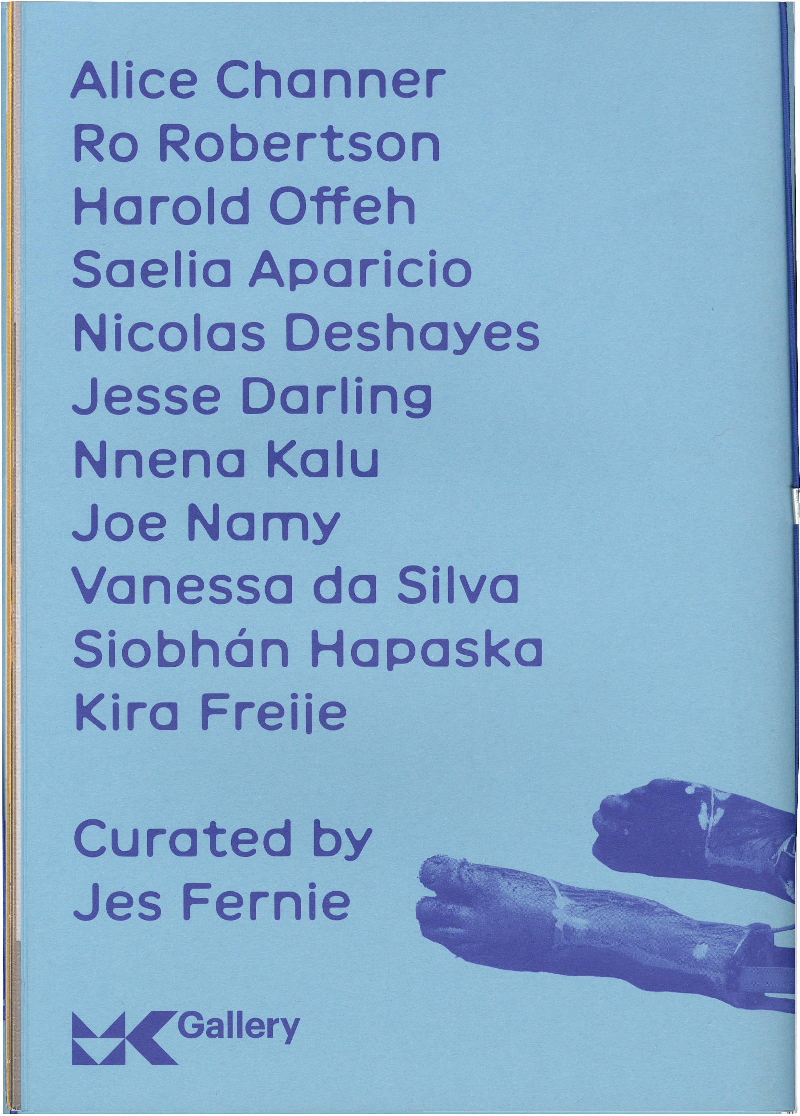 Light blue page with purple text listing eleven artists and 'Curated by Jes Fernie' above an 'MK Gallery' logo. Two abstract purple feet are at the bottom right.