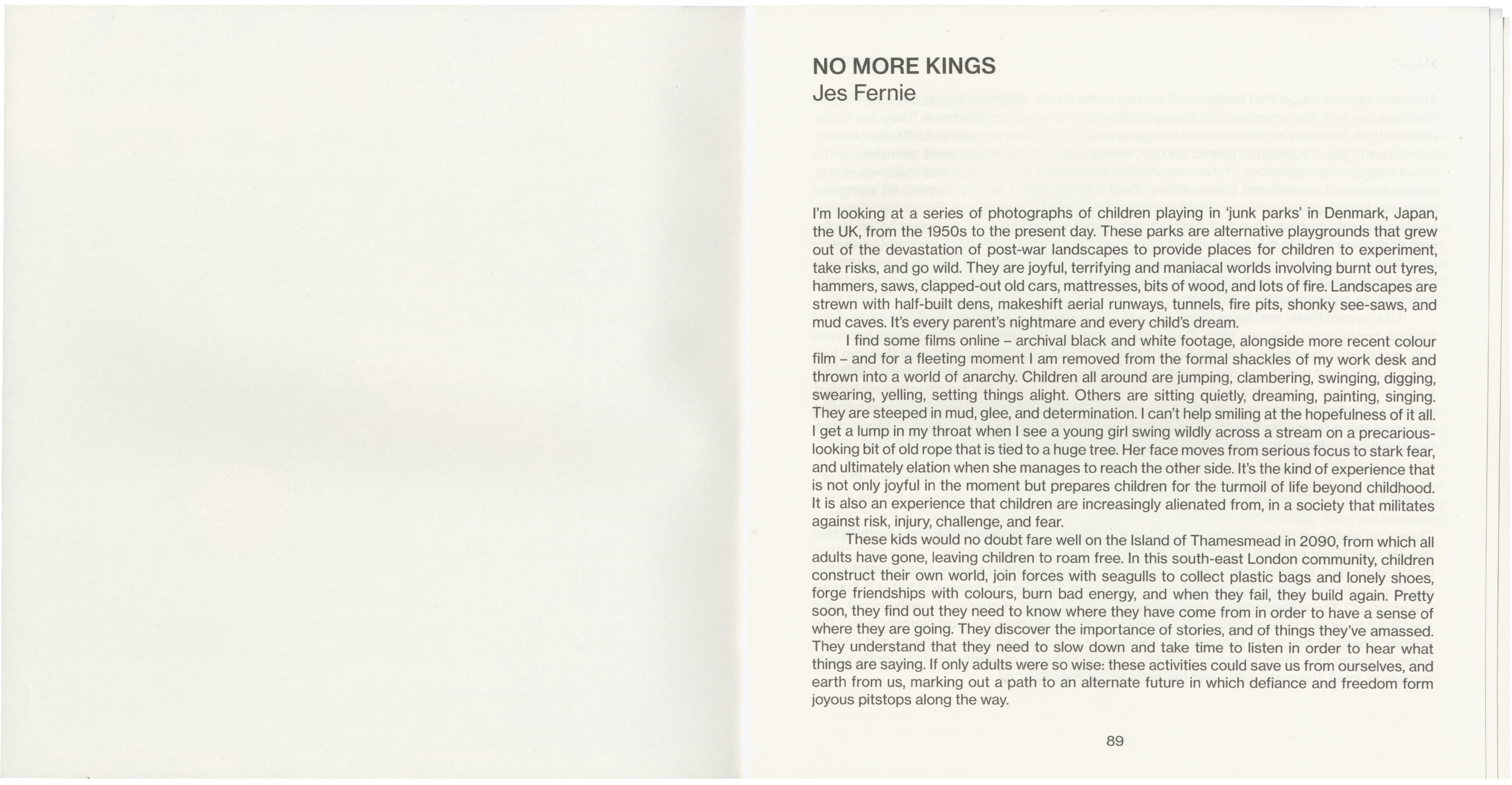 Open book with a blank left page and a right page displaying the title "NO MORE KINGS" by Jes Fernie, an article, and page number 89.
