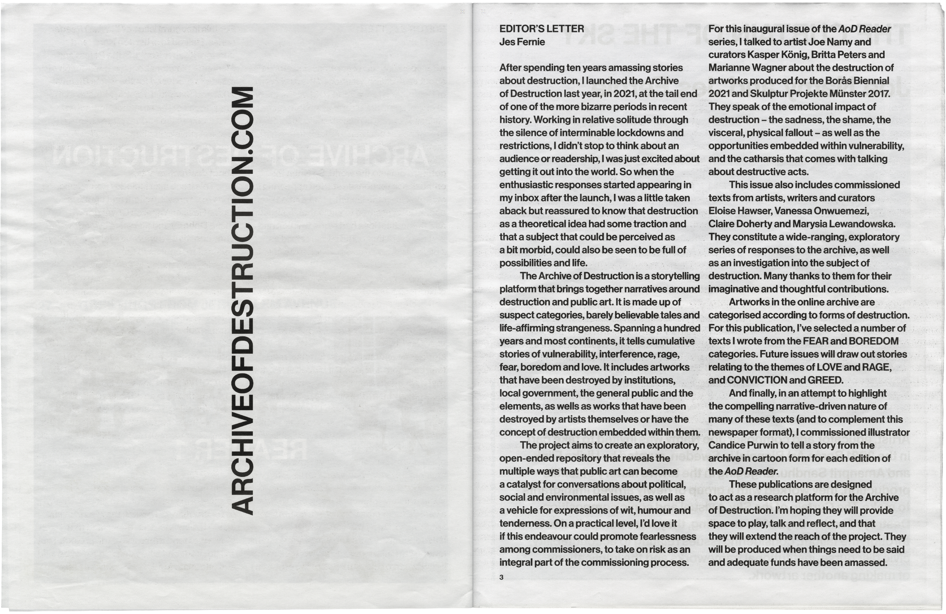 An open book spread with "ARCHIVEOFDESTRUCTION.COM" printed vertically on the left page and an "EDITOR'S LETTER" in two columns on the right page.