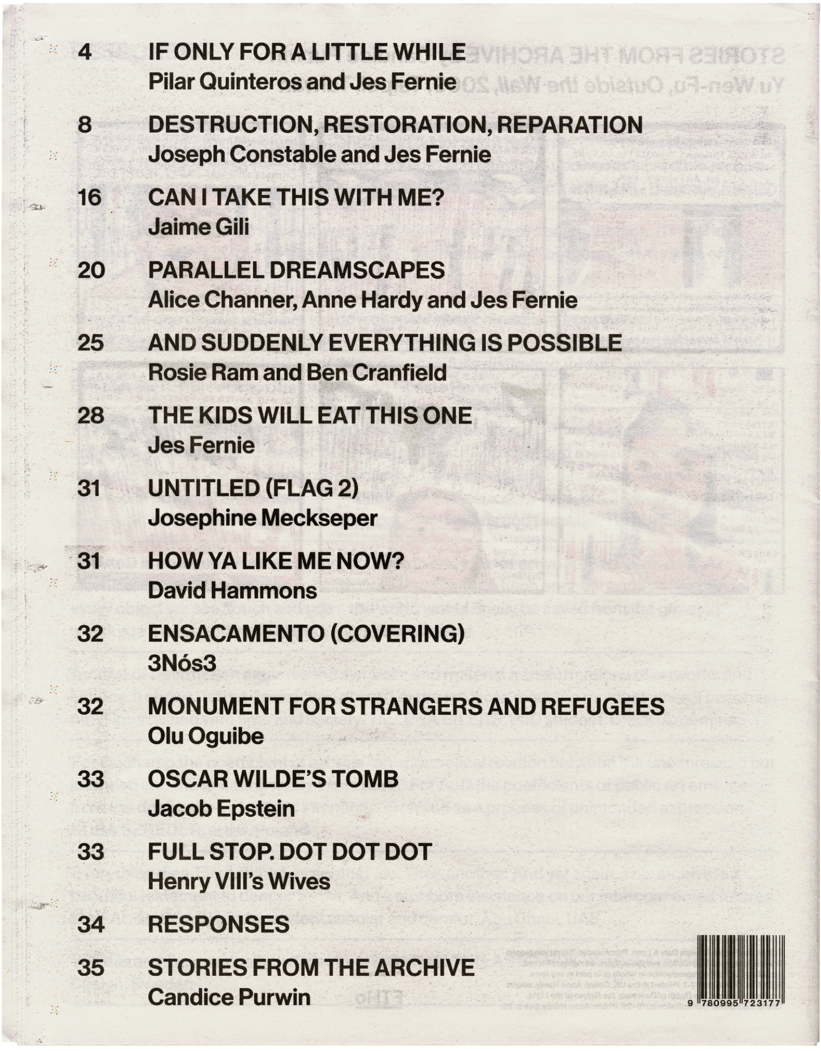 A table of contents page listing article titles, authors, and page numbers.