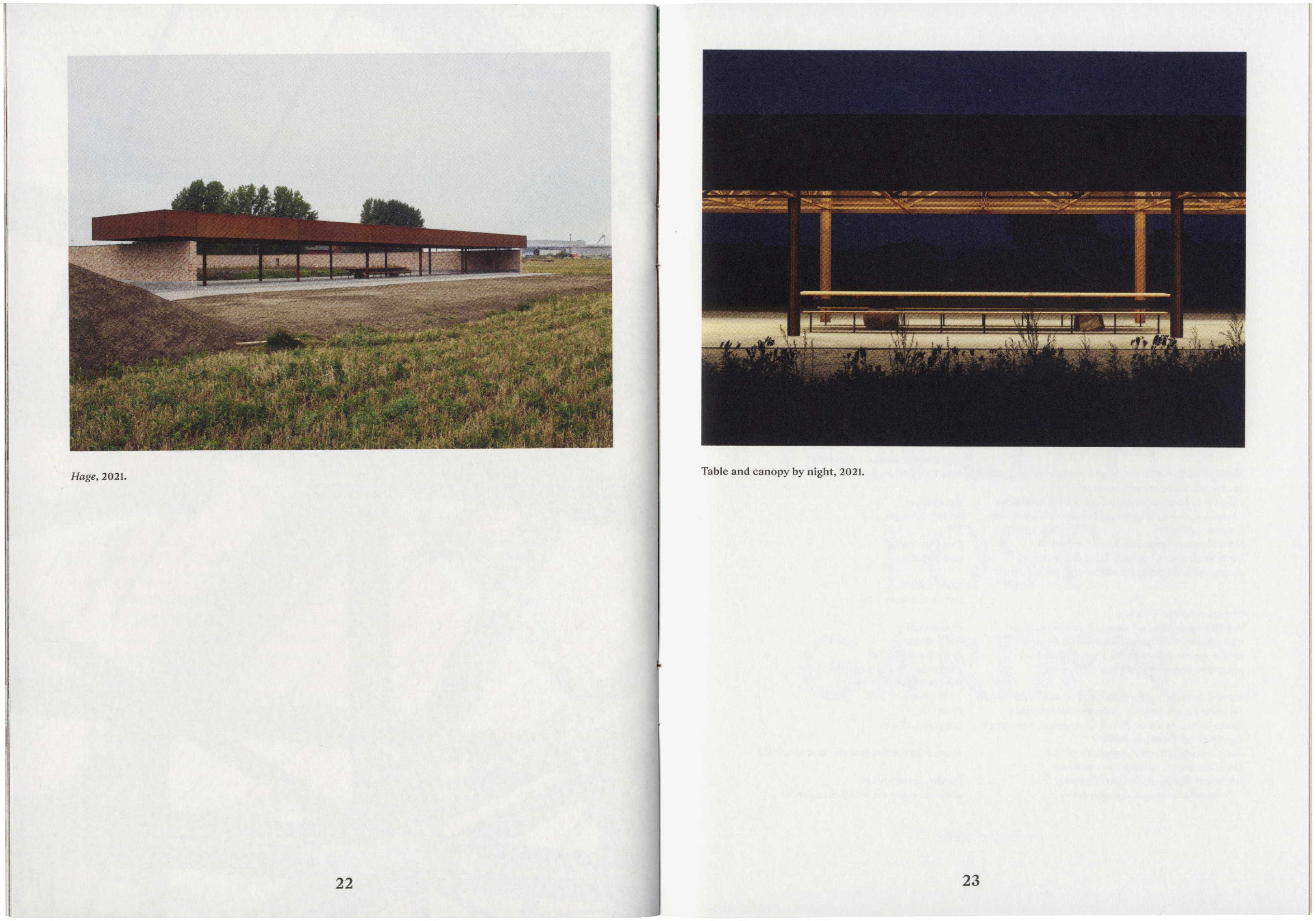 Book spread with two photos: a modern building in a grassy landscape and an illuminated outdoor table under a canopy at night.
