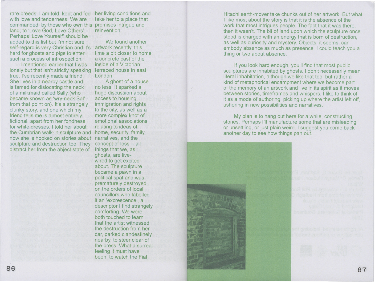 An open book showing two pages of text. The right page features a large solid green block at the bottom, with an inset photo of a brick archway.