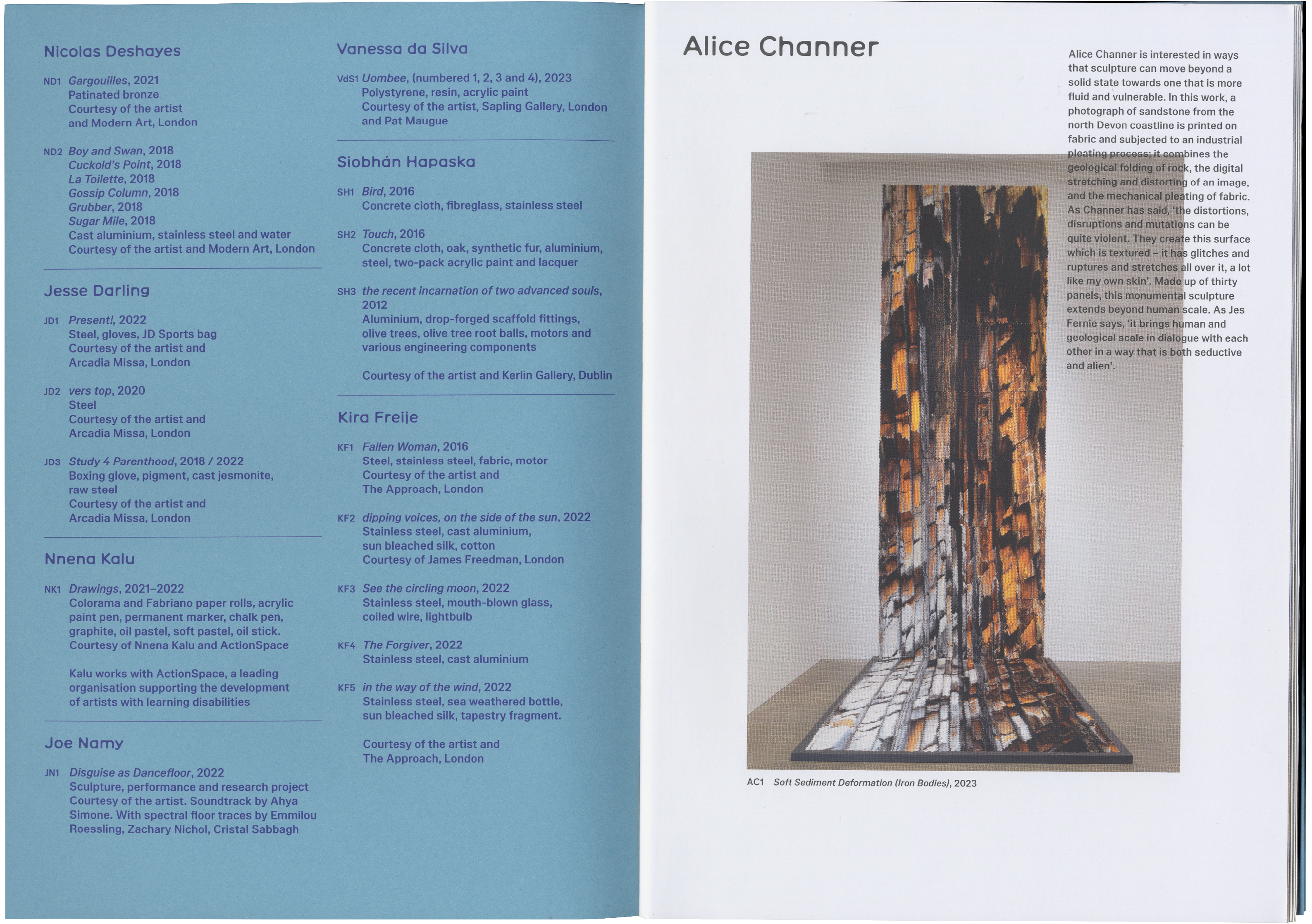 An open book spread featuring Alice Channer's 'Soft Sediment (Deformation Iron Bodies)' sculpture, a tall, multi-textured artwork of fragmented brown and gray elements cascading onto the floor, next to text descriptions.